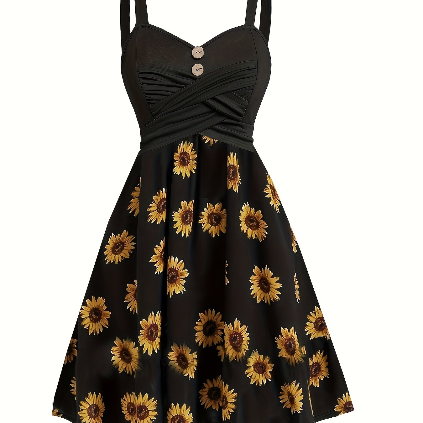 E-shop Elegantes Retro High-Waist Ärmelloses Trägerloses Kleid mit Knopfdetails und Sonnenblumen-Print | , Frühling/Sommer , Blumenmuster, Marke: Nian
