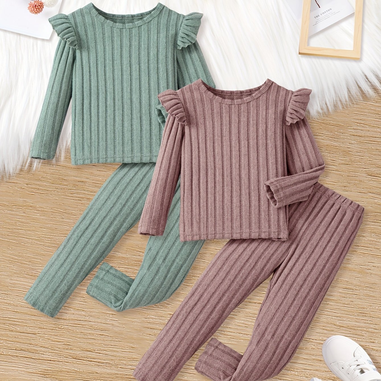 Image of [2 Sets] Rib-knit Long-sleeve Tops + Pants Girl's Sets - Ideal For Casual Outdoor Wear Spring & Fall Clothes