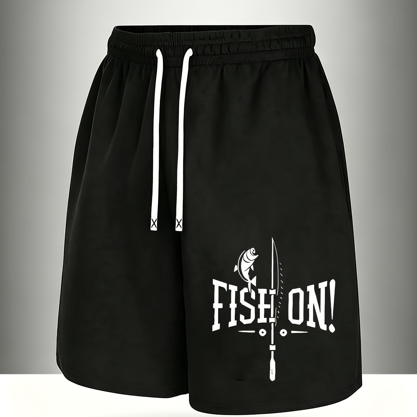 TEMU Men's Style Father's Day Shorts - Printed With Fish And Fishing Rod Design, "fish On" Text - Beach Vacations And Casual Parties
