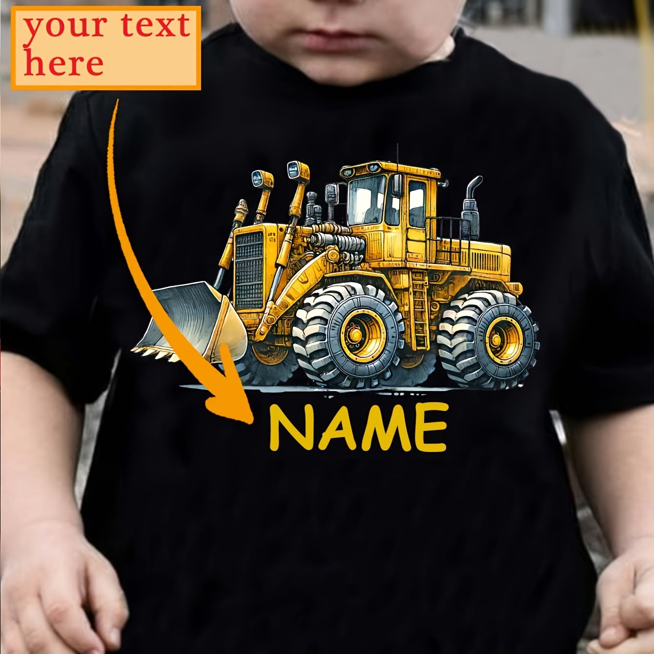 Custom Boys' Name Personalized Name Excavator Print | Creative Versatile Dztx3024 T-shirt, Casual Crew Neck, Stretch Fabric, Geometric Pattern, Regular Sleeve, Summer Tops For Children