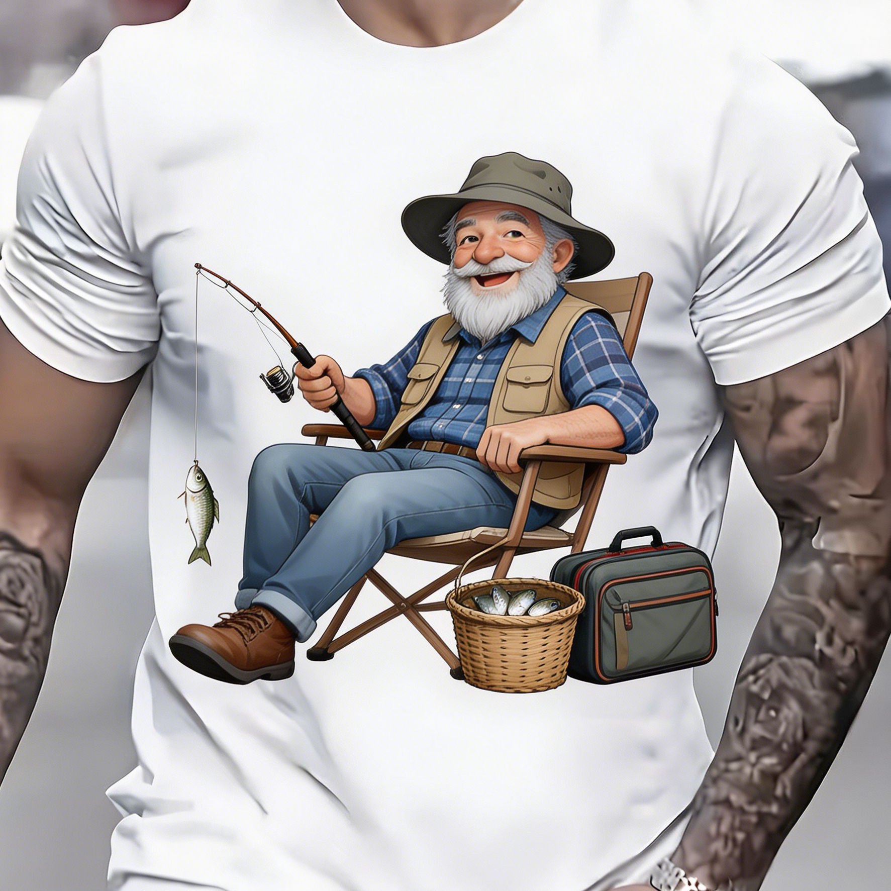 TEMU Men's Plus-size Oversized Fishing T-shirt - Full-body Old For Man Fishing Print Short-sleeve Crew Neck Tee, Loose Fit Casual Summer Outdoor Top