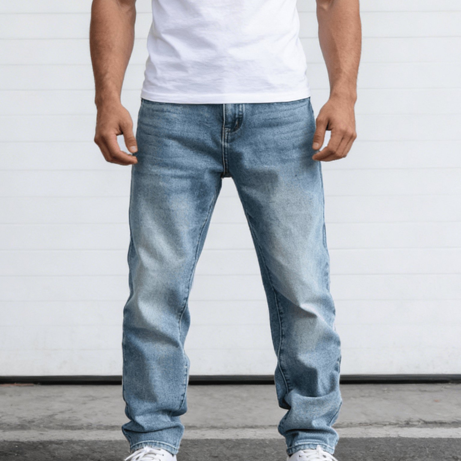 Image of Hme-266 Men' Blue Washed Slim Fit Jeans Casual Stretch Skinny Pants Minimalist High- Denim Trousers