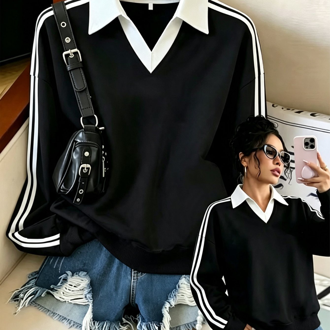 TEMU Plus Size Fashion Sweatshirt, Size 1xl-8xl, Color-block V-neck Solid Color Pullover Top With On Sleeves
