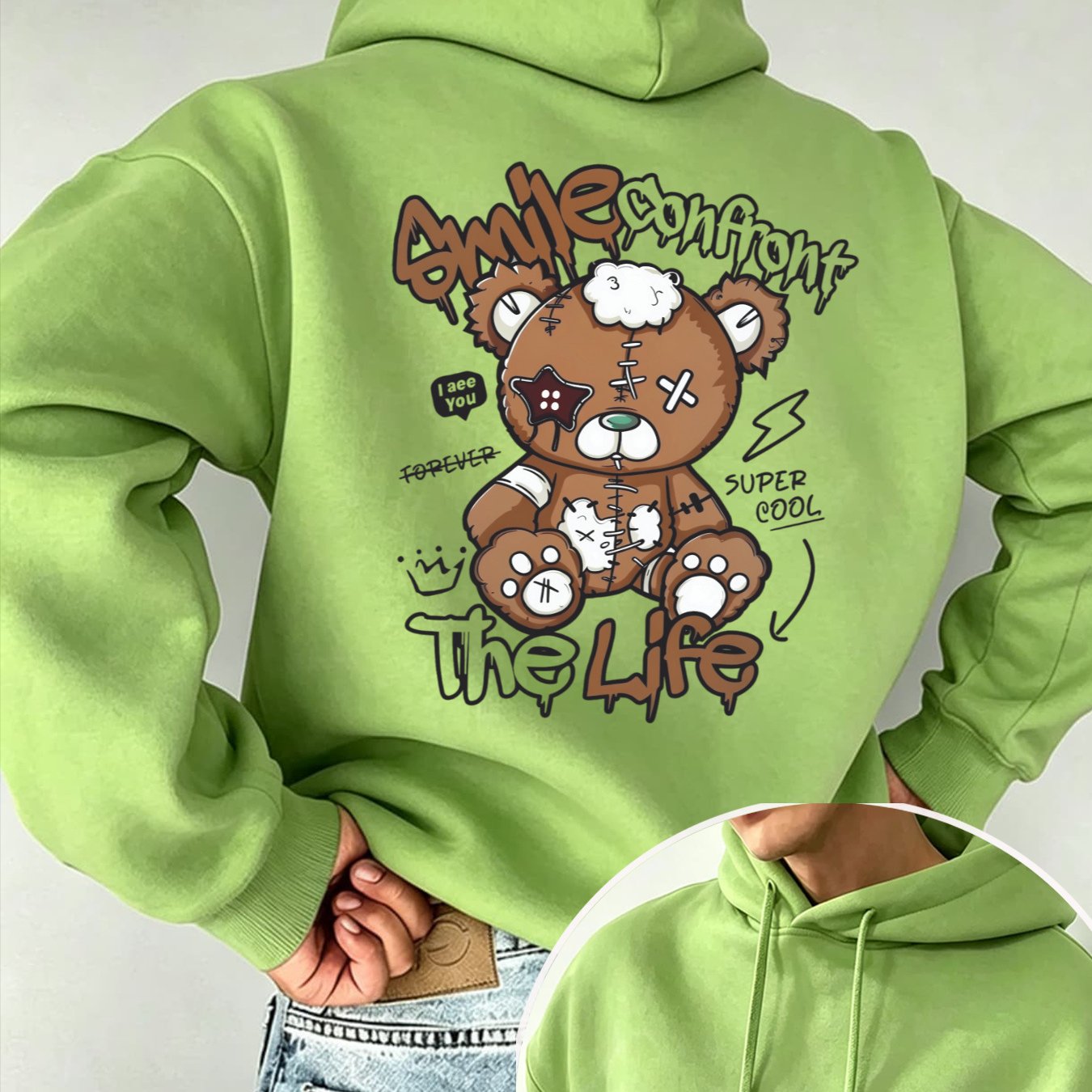 Image of New Autumn Winter Fleece Casual Pullover Hoodie With Cartoon Bear Print And Letter Decor For Men Women, Loose Fit Street Style Warm Comfortable Daily Wear, Trendy Oversized Drop Shoulder