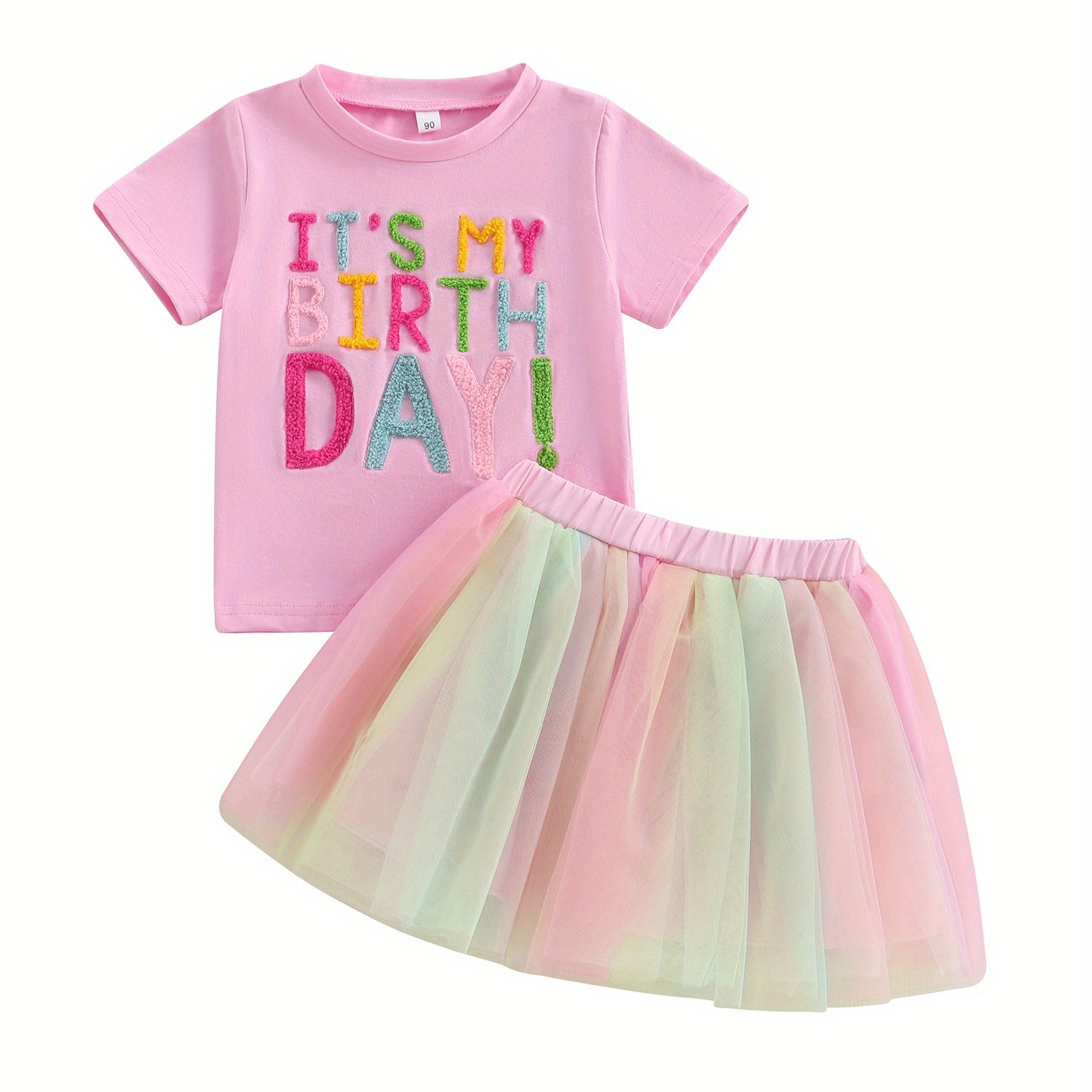 Image of Toddler Girls 2pcs Birthday Outfits Short Sleeve Letter Embroidery Tops + Tutu Skirt Set Baby Clothes