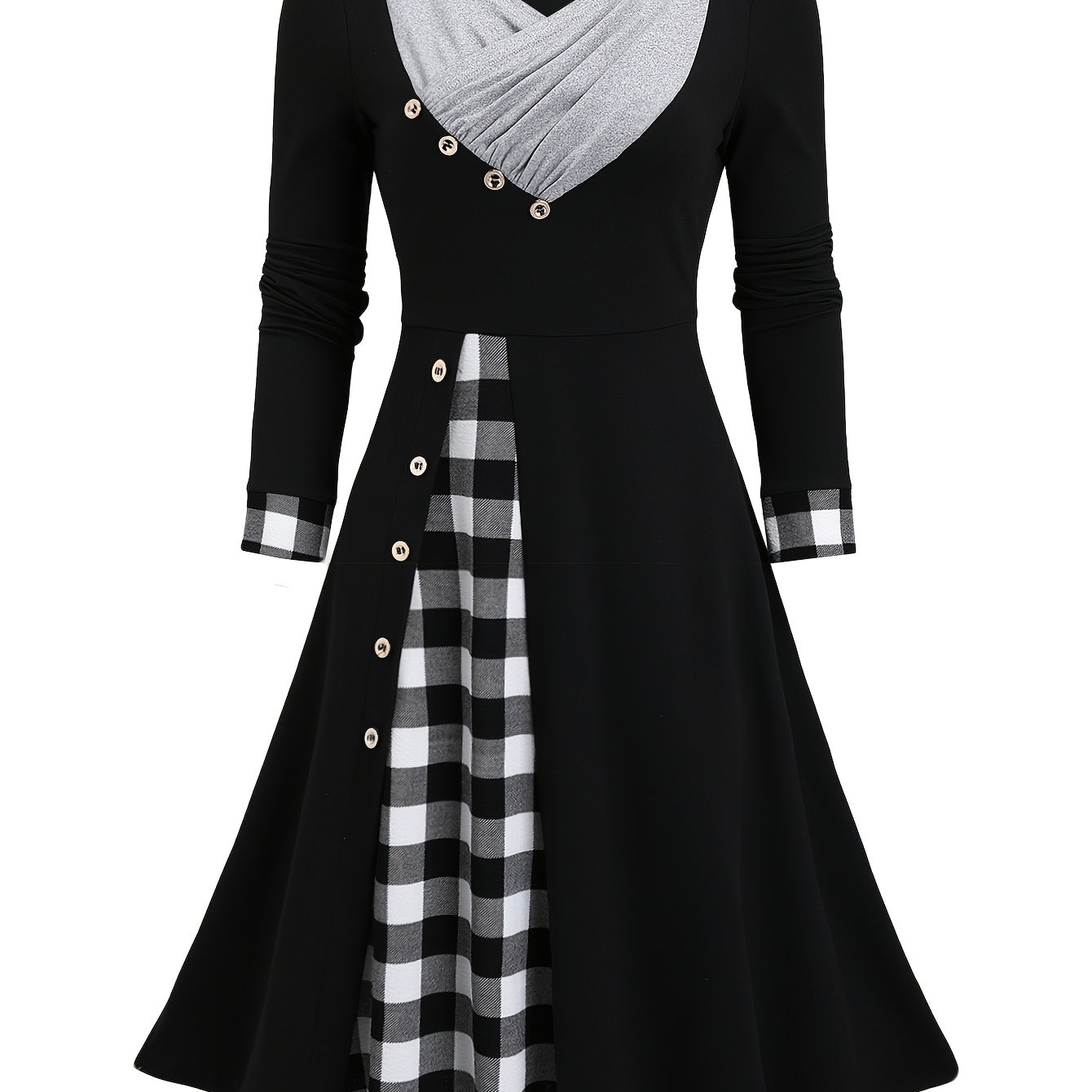 Tailored Development Of A Pleated V-neck Checkered Long-sleeve Dress With Triangular Inserts
