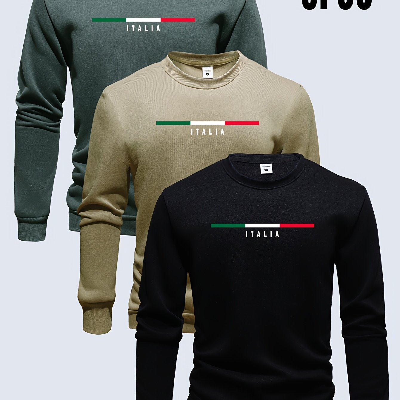 TEMU Men's 3pcs Mixed Color Set, Autumn/ Neck Sweatshirt, Casual Daily Crew Neck Sweatshirt With Fashionable Italian-inspired Letter Print, Men's