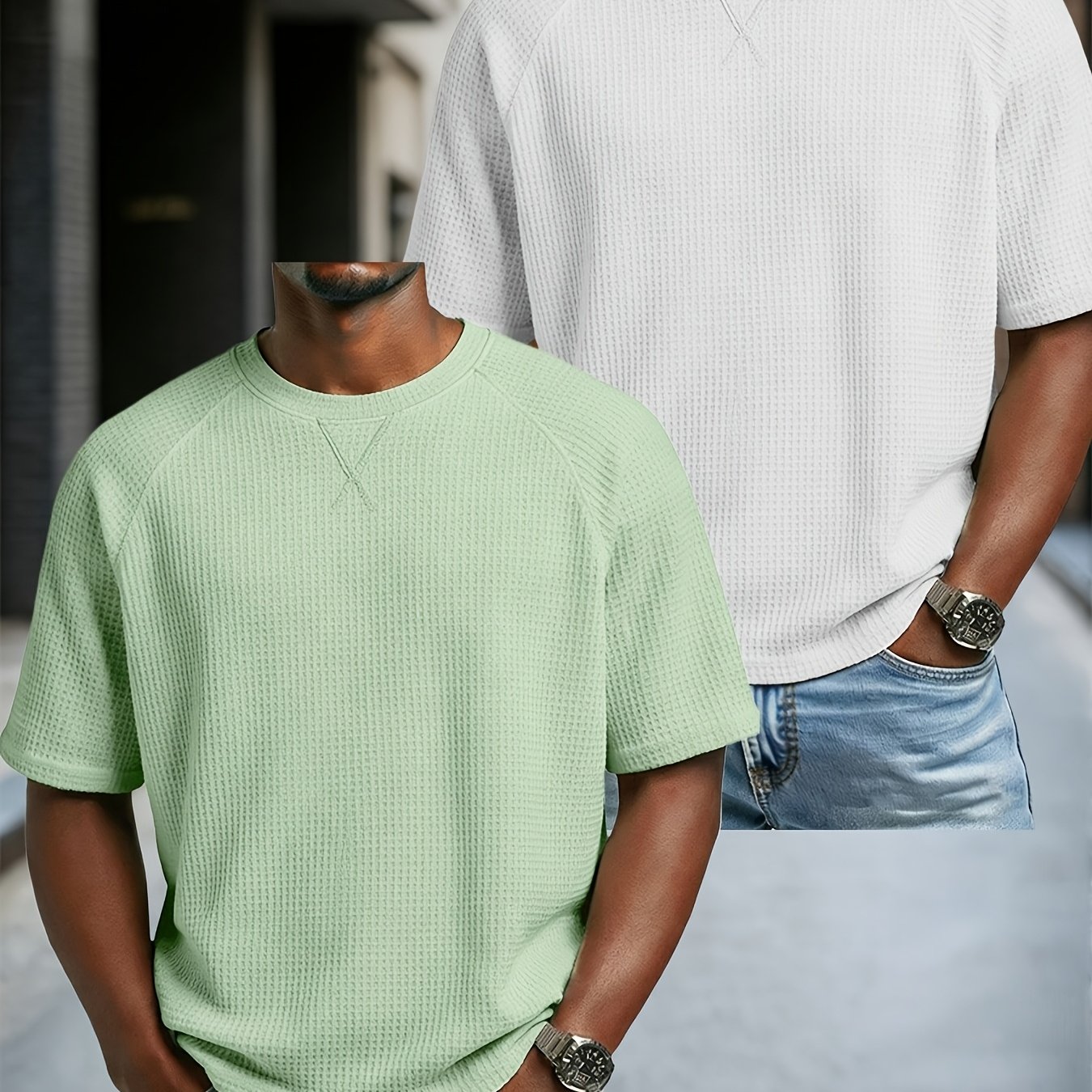 TEMU Men's 2 Pc Waffle Knit T Shirts Short Sleeve Crew Neck, Breathable Textured Fabric Casual Tops, Lightweight Soft , Ideal For Daily Wear, Travel,
