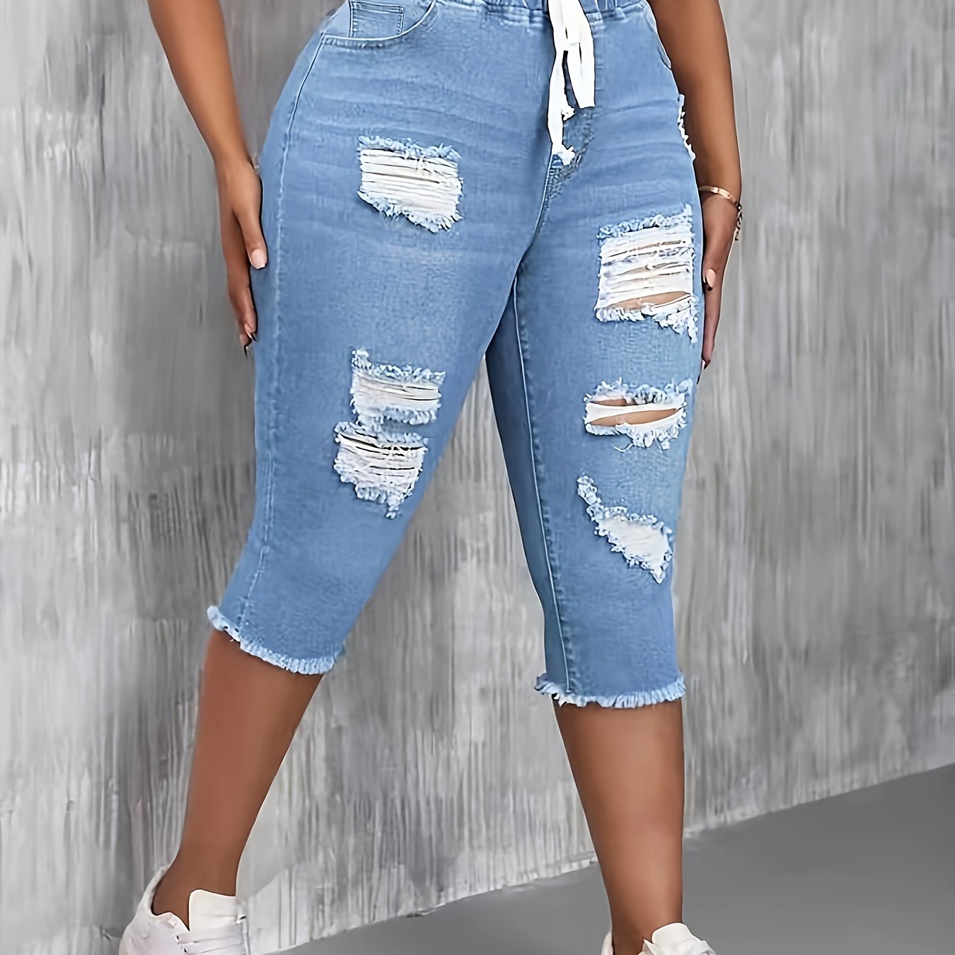 Women's Stretch Ripped Distressed Jeans Mid-rise Cropped Pants