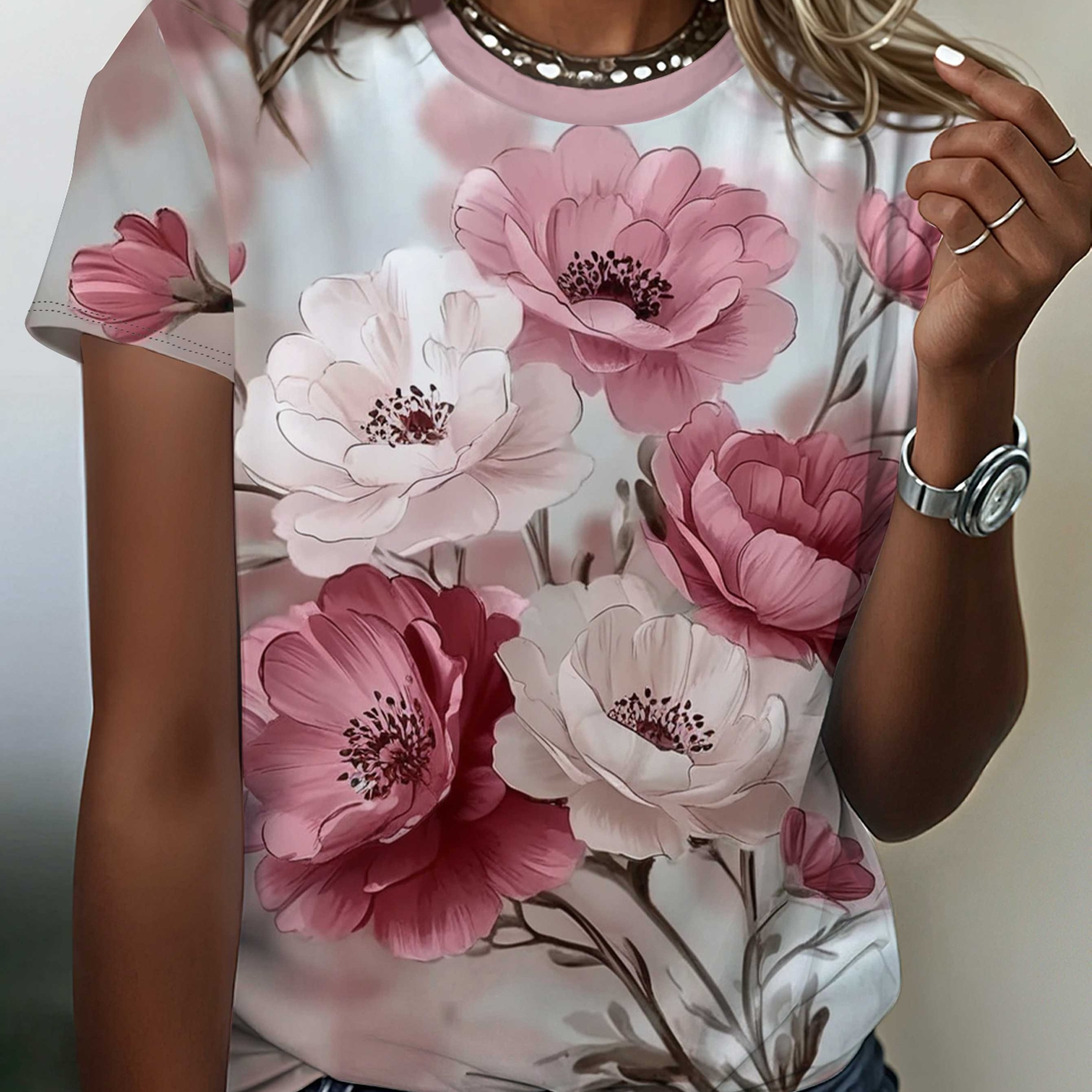 TEMU Women's T-shirt, White Floral Pattern Print - Short Sleeve Crew Neck, Summer Outdoor Wear, Ladies T Shirts