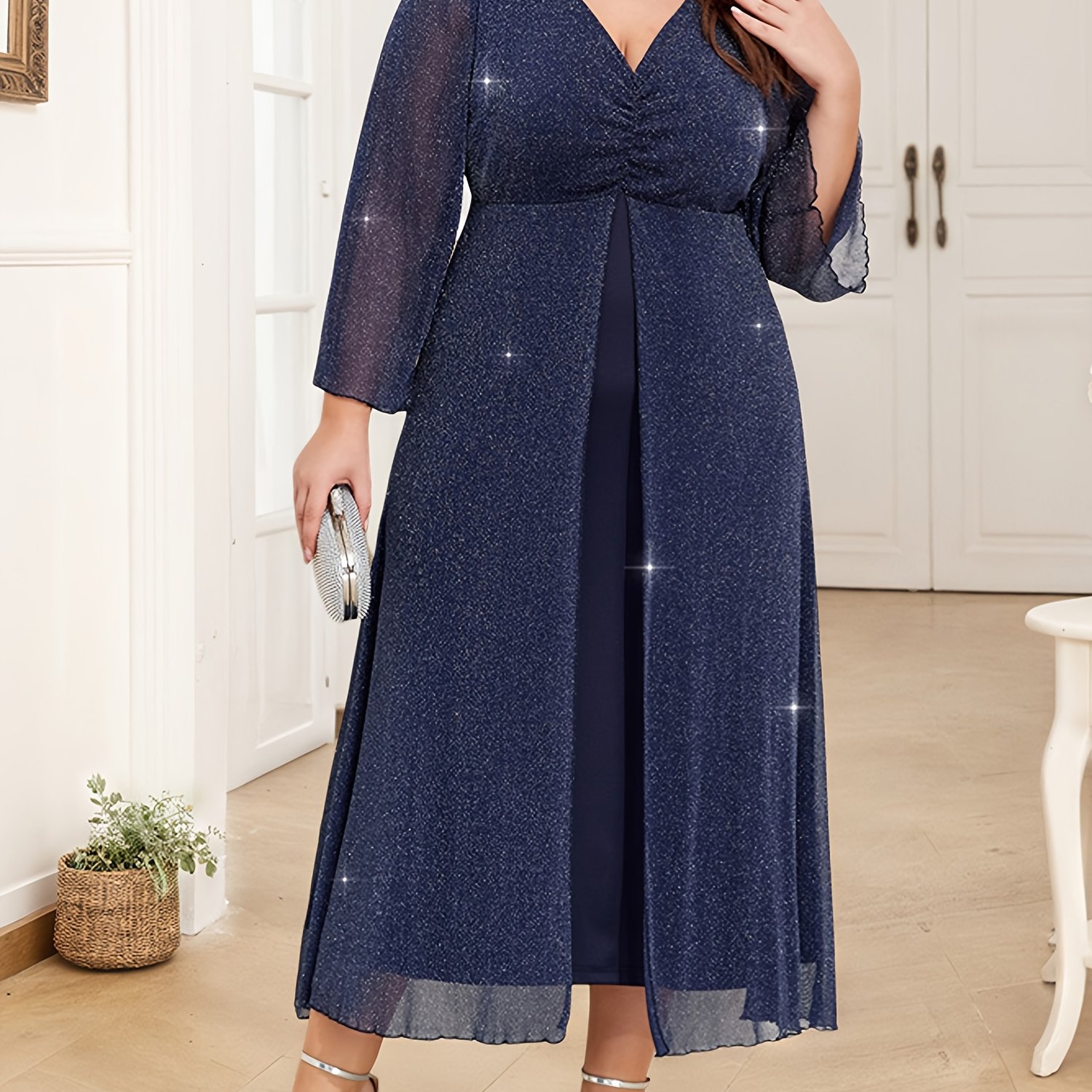 Image of Plus Size - Plus Size - Plus Size Women's Elegant Shiny Mesh Maxi Long Dress, Neck Pleated Long Sleeve Evening Party Ball Gown