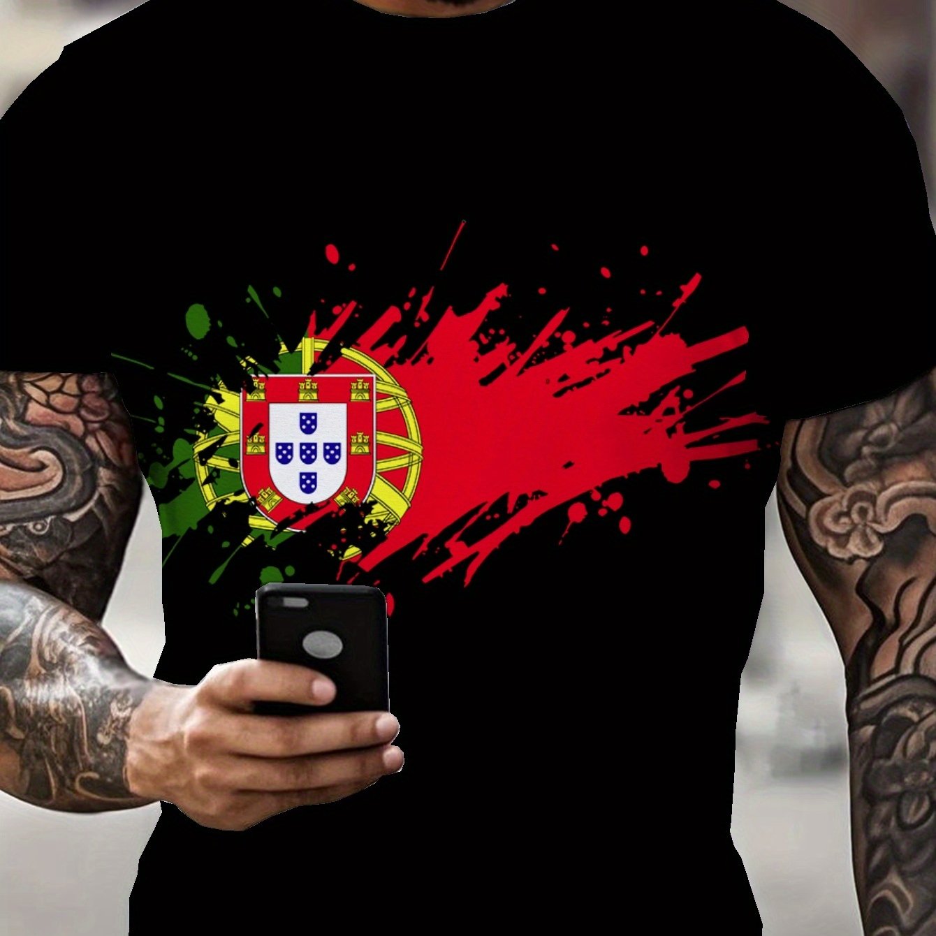 TEMU T-shirt Homme Motif Patriotique Portugal - Impression Numérique 3D, T-shirt Noir Col Rond Manches Courtes avec Design Éclaboussures Rouges et ,