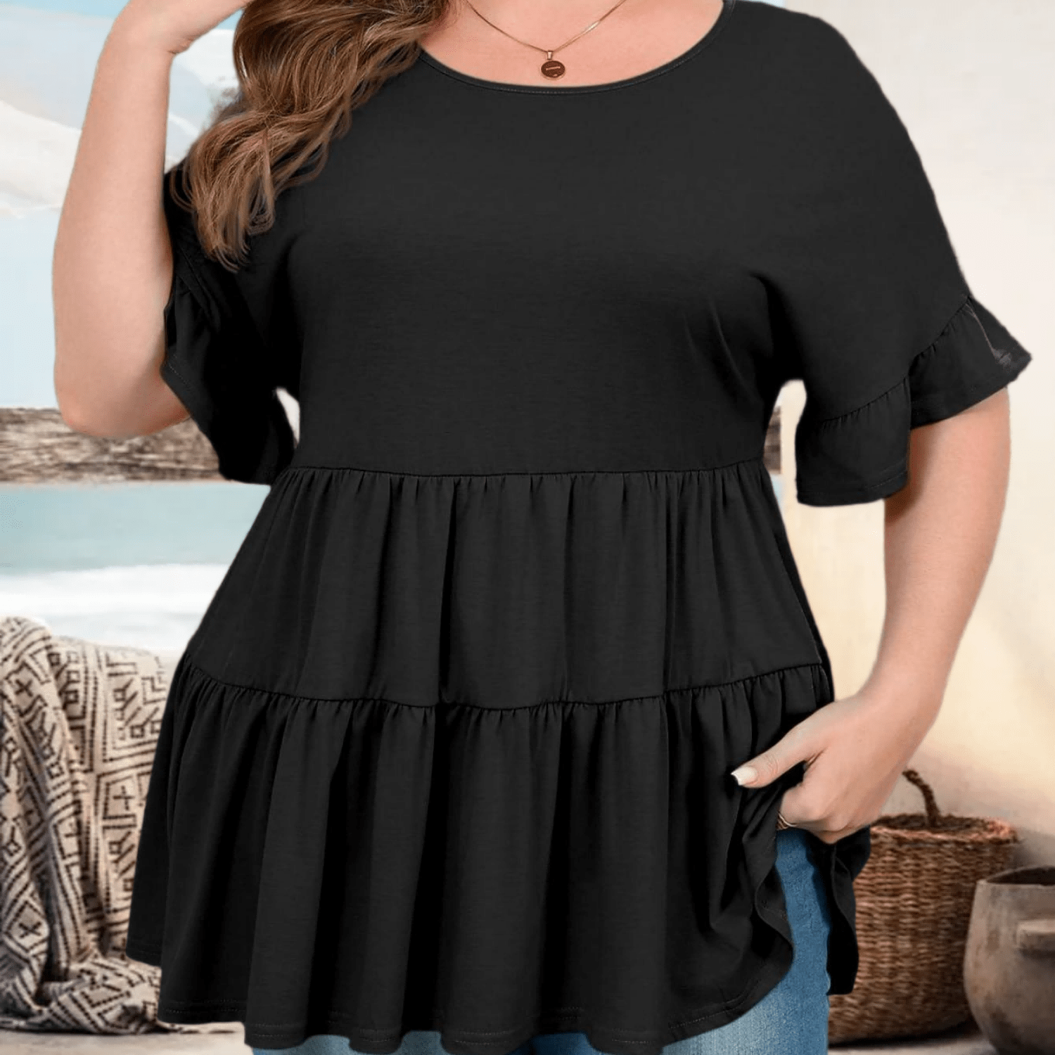 Image of Plus Size - Plus Size - Summer Women's Plus Size Babydoll Tops Ruffle Short Sleeve Peplum Blouse Loose Fit Flowy Tunic Shirts