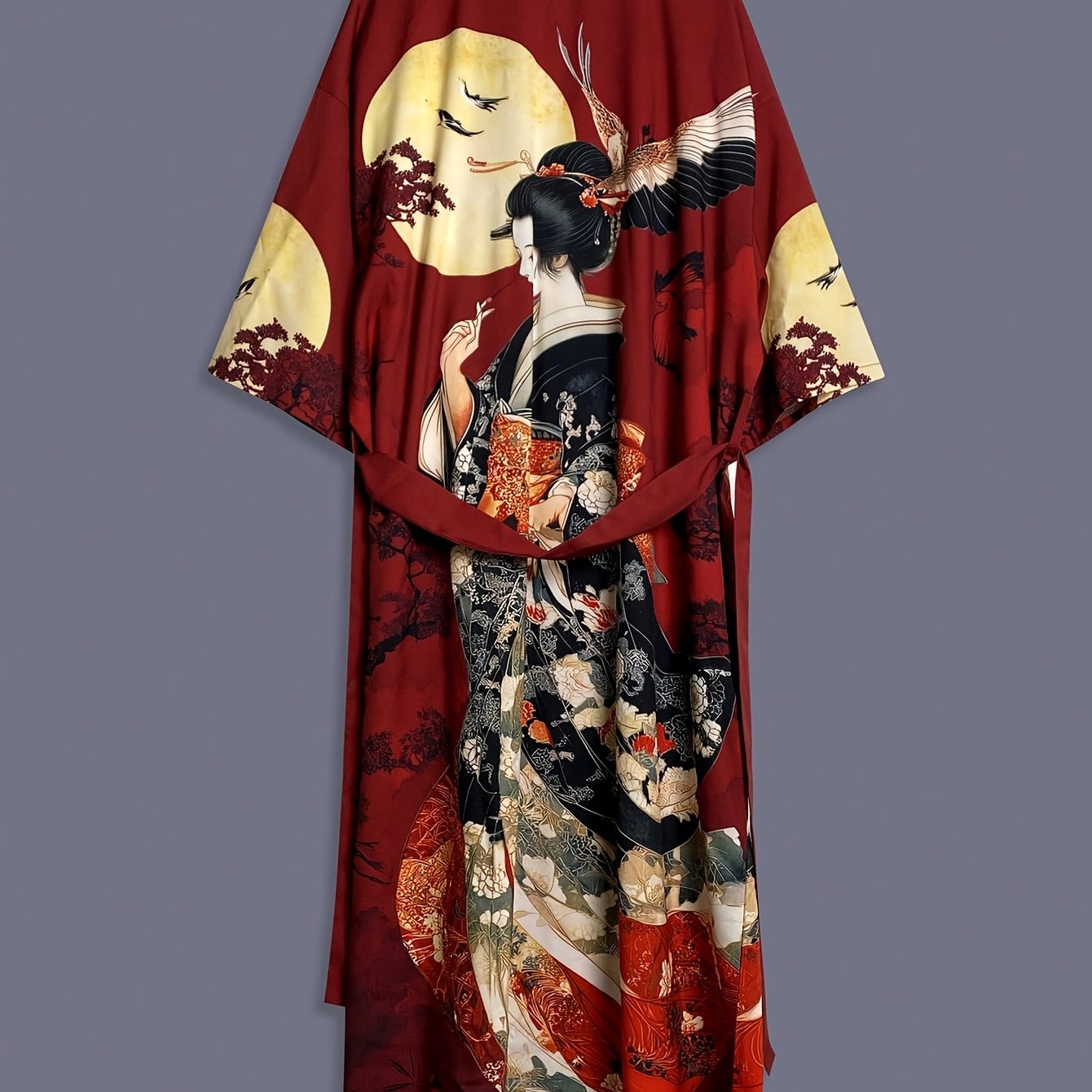 TEMU Cardigan kimono in raso da donna a a sette media lunghezza con stampa di vintage tradizionale giapponese, capospalla per stile elegante casual e