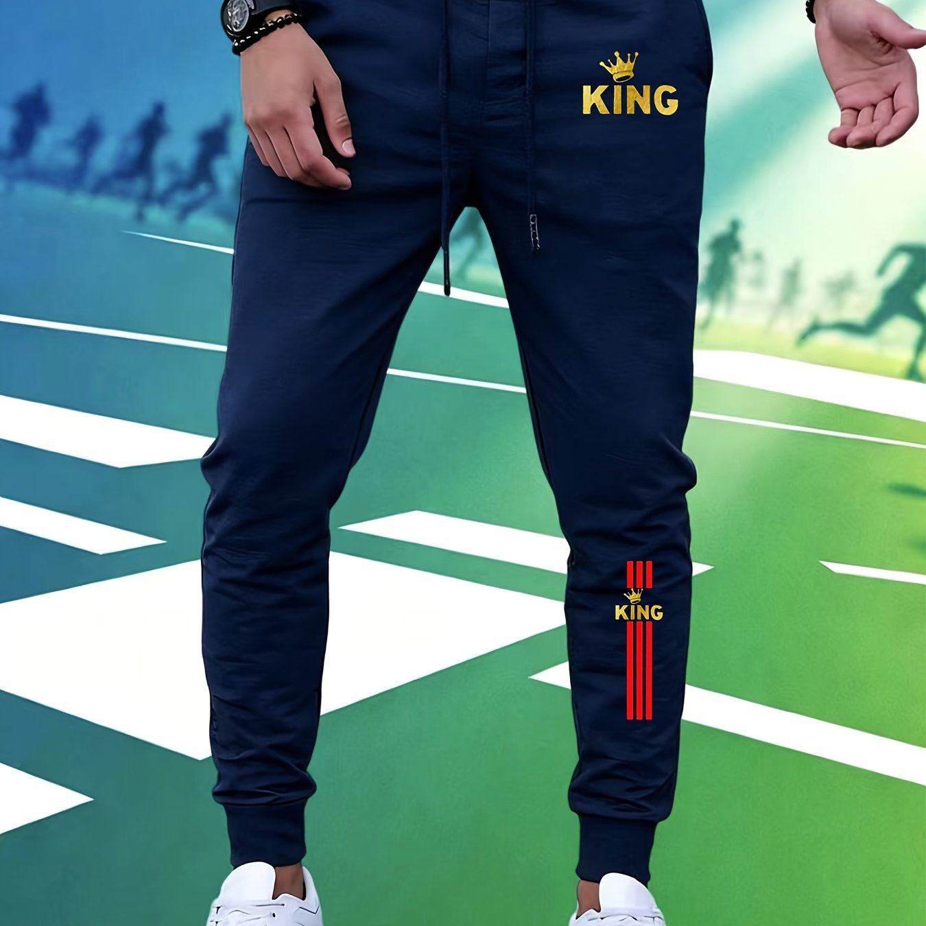 TEMU Men's Casual Pants, Printed With '' And Striped Fashion Trendy Athletic Trousers, Jogging Pants, Long Pants, Loose Fit, Free Stretch, Drawstring
