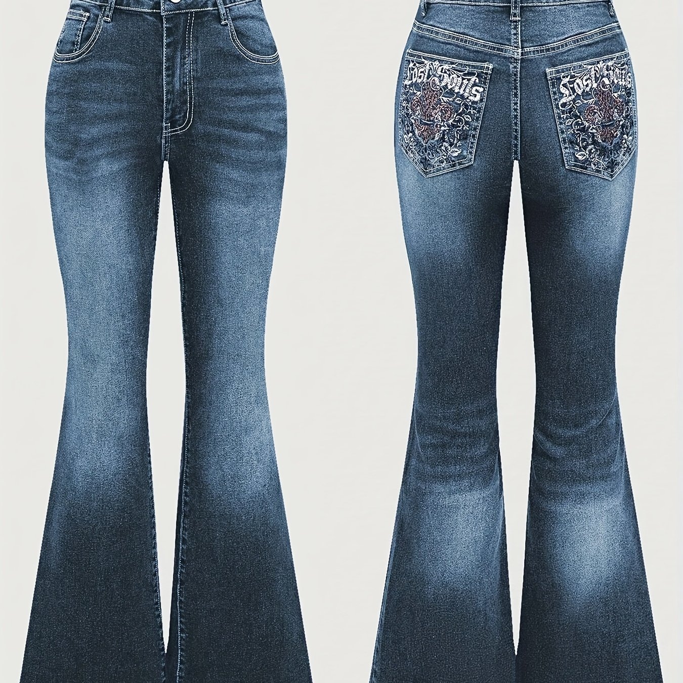 Image of Embroidered Flare Leg Jeans For Women | Medium Stretch, Vintage Style, Solid Color