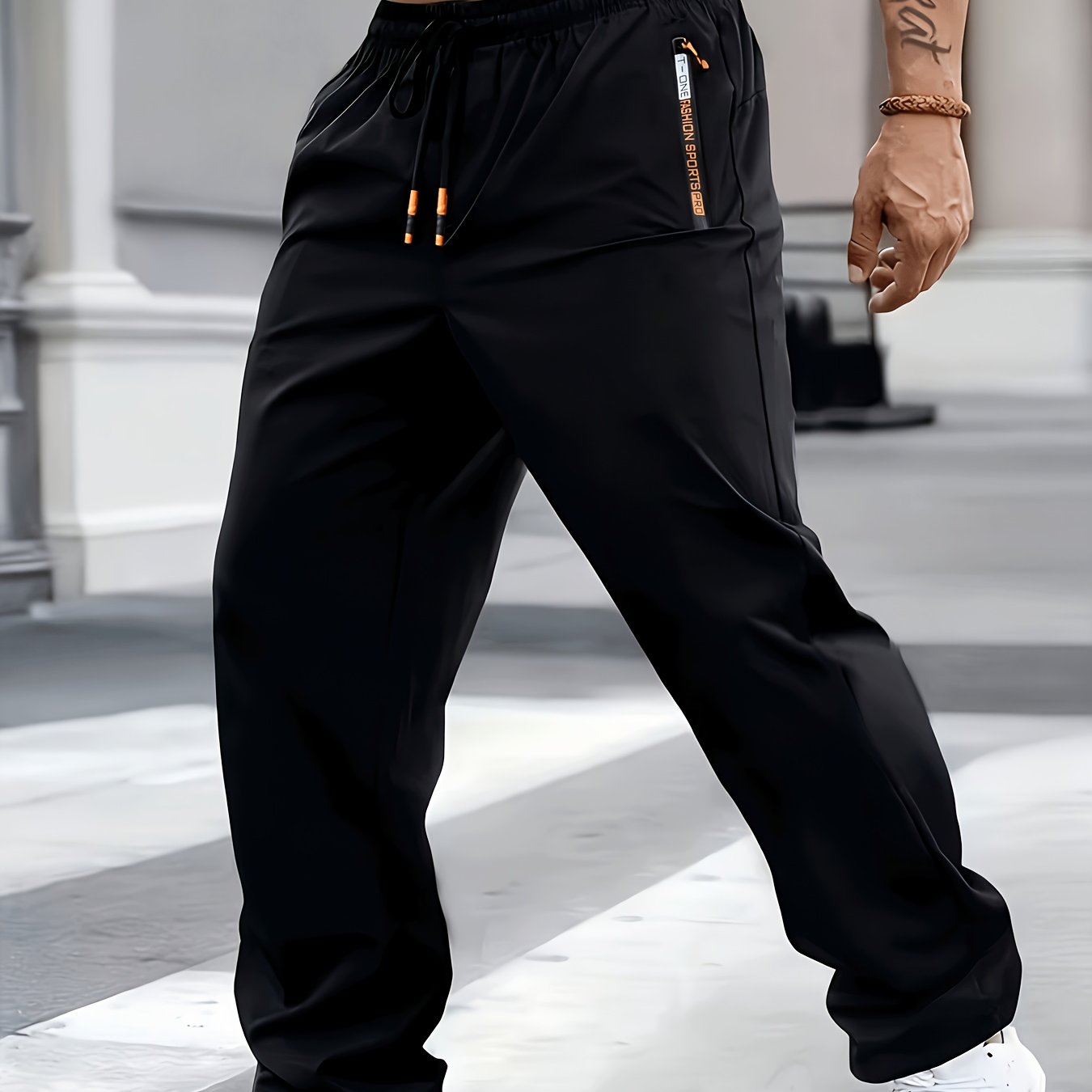 TEMU Breathable Men's Athletic Pants, With Pockets And Drawstring, Zipper Detail, Moisture-wicking And Quick-drying, Thin Outdoor Trousers, Perfect
