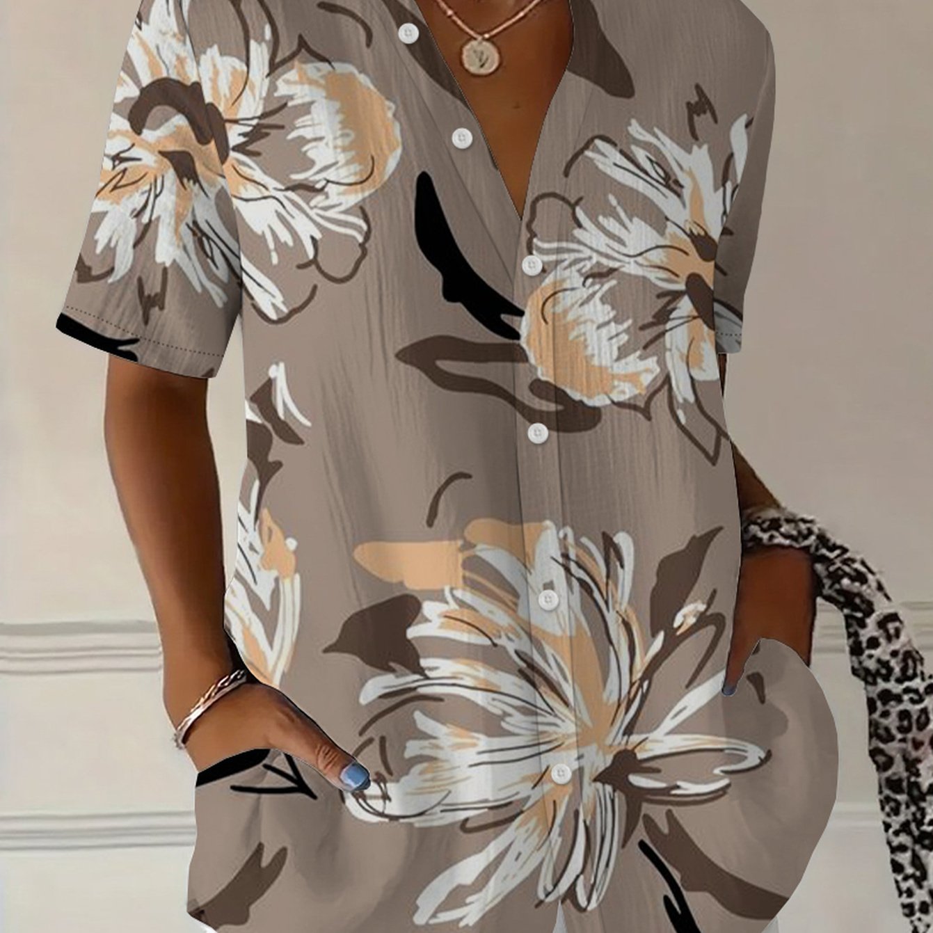 TEMU Women's Plus Size Short Sleeve Button-up Shirt - Earthy Khaki Abstract Hand-painted Ink Floral Style Top, Loose Fit Button Collar Shirt Suitable
