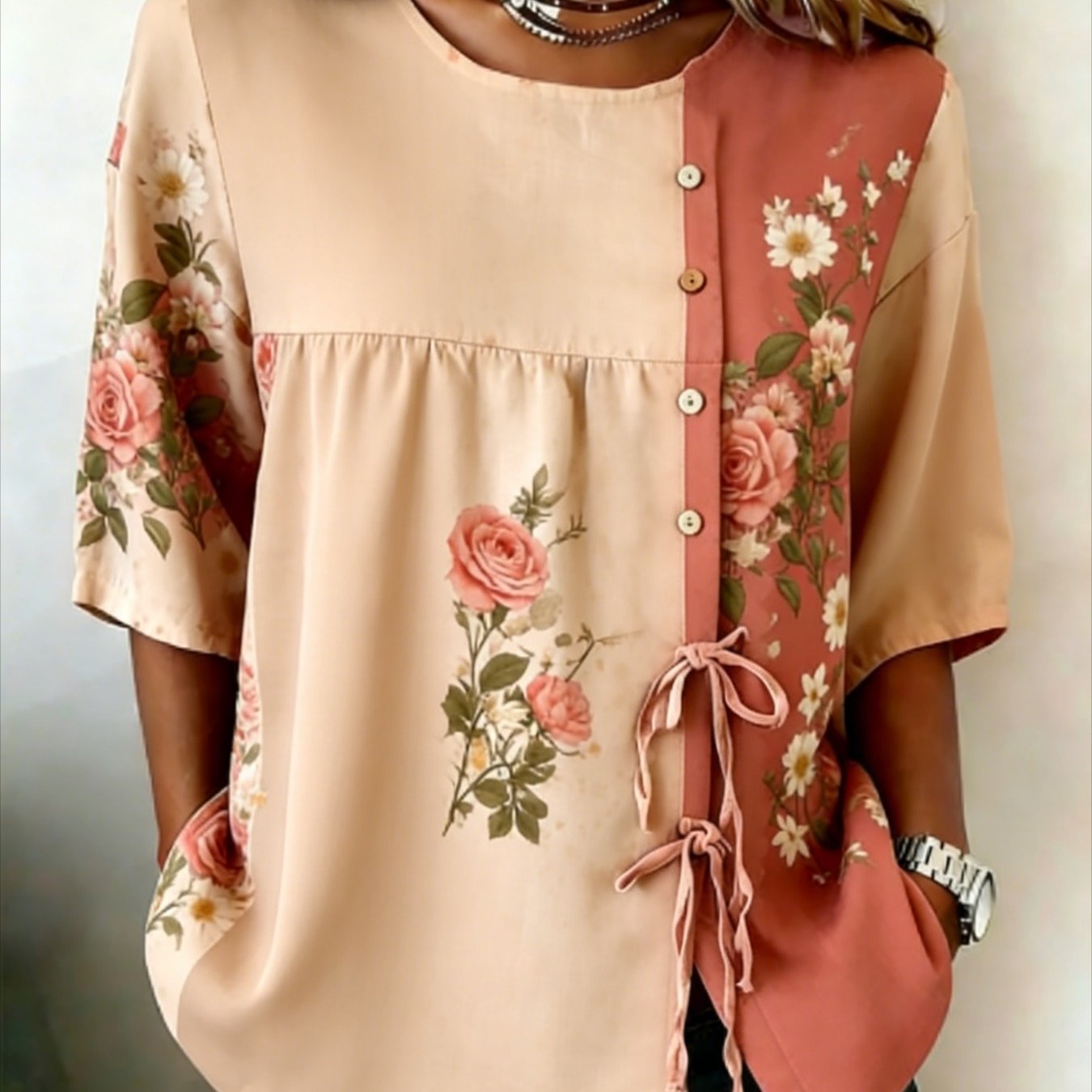 Image of Plus Size - Women's Retro Contrasting Lace-up Front Button-up Top, Elegant Casual Wear, Women's Lace-up Shirt Top, Fashionable And Versatile, Suitable For Spring And Autumn, Is For Her