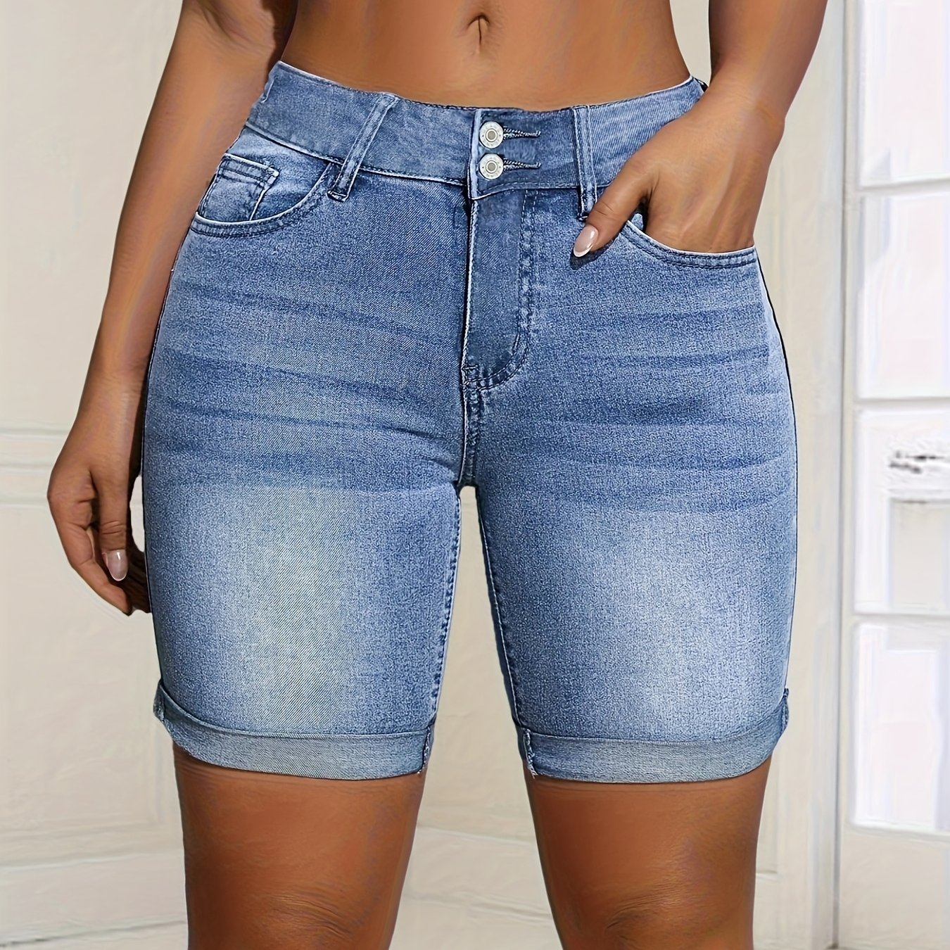 Blue Cat Elastic Fashion Mid-length Pants Denim Shorts