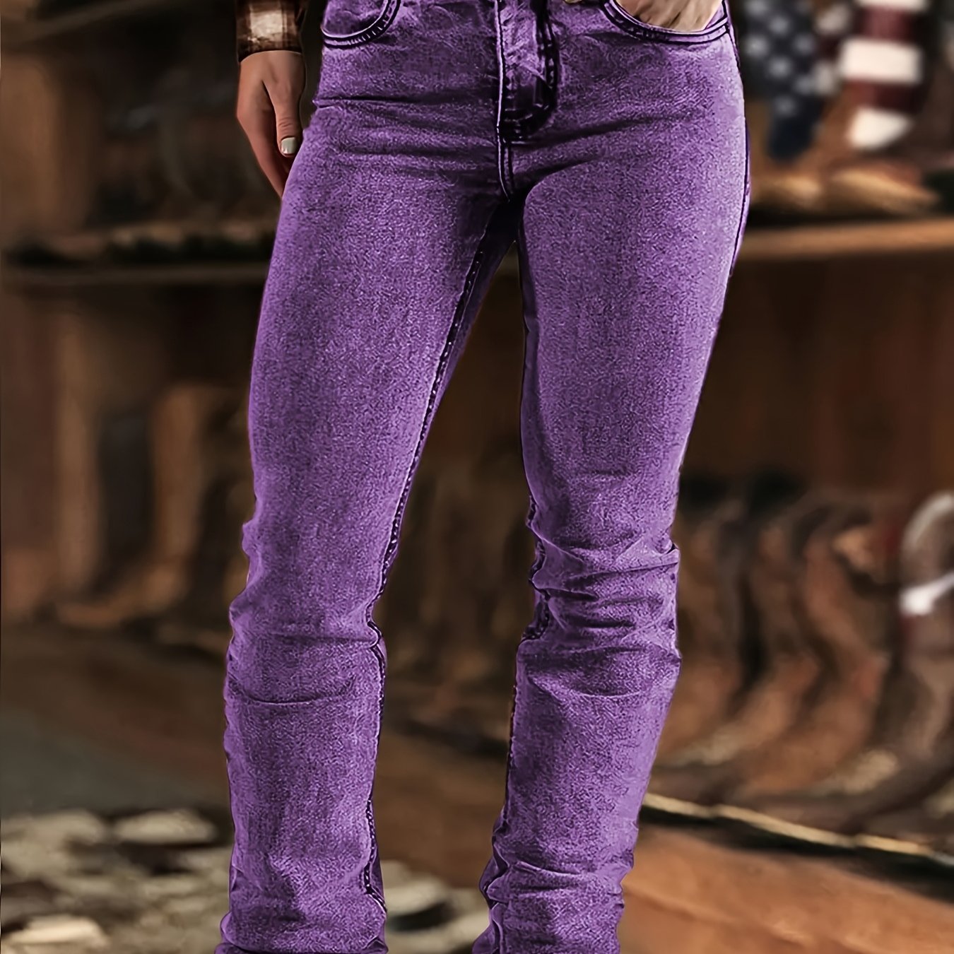 TEMU High Waisted Brown Washed Vintage Western Denim Style Stacked Elastic Horseshoe Slightly Flared Pants