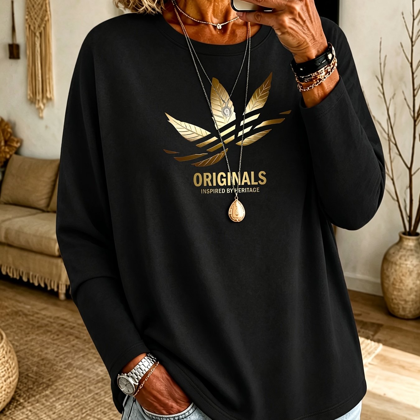 TEMU Plus Size Women's Long Sleeve Top T-shirt, Fashionable Vacation Soft Casual Plus Size Women's Clothing, Printed Base Layer Blouse, Pullover Top,