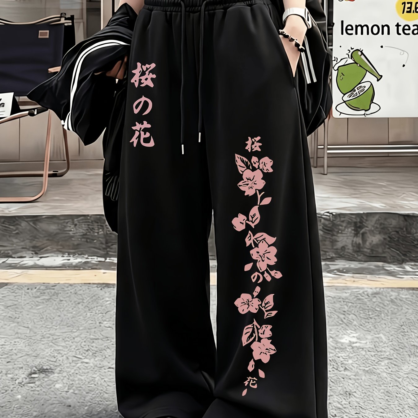 TEMU Japanese-style Loose-fitting Pants Featuring Cherry Prints, Designed With Japanese Aesthetics, Casual Drawstring Trousers, Embodying Subcultural