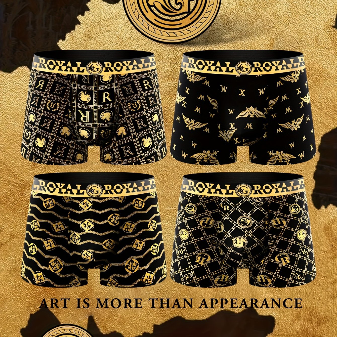 TEMU 4pcs Luxury Men's Boxer Briefs - Breathable, With Stylish Prints, Mid-waist Design, High Stretch Polyester & Spandex Blend