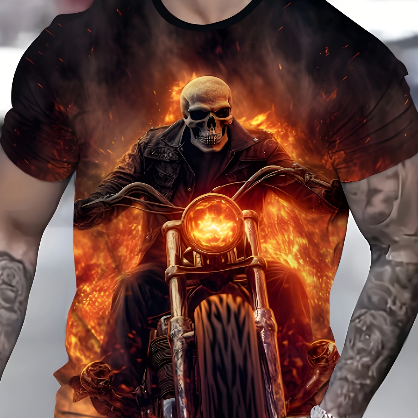 TEMU Men's 3d Casual Short Sleeve T-shirt - Full-body Motorcycle & Flames Graphic, Breathable Polyester, Regular Fit Summer Streetwear, Machine