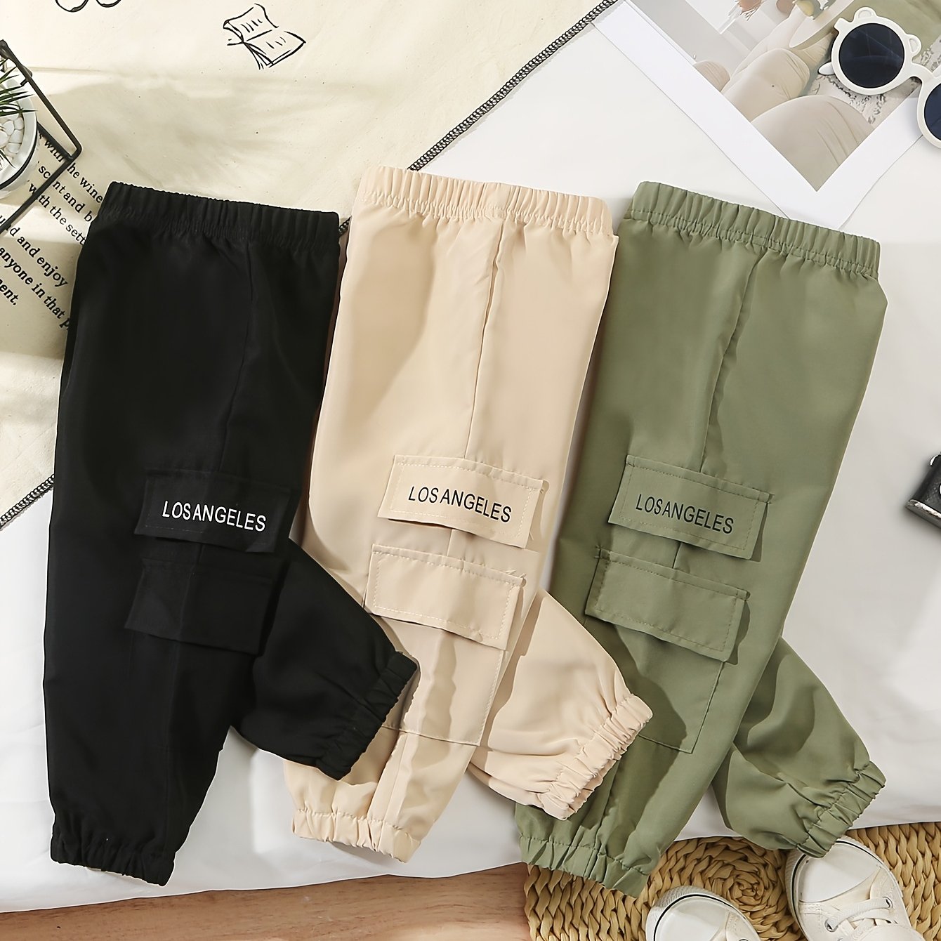 Spring/autumn New Boys' Pocket Letter Outing Sports Cargo Pants 3pcs Set, Perfect For Outdoor
