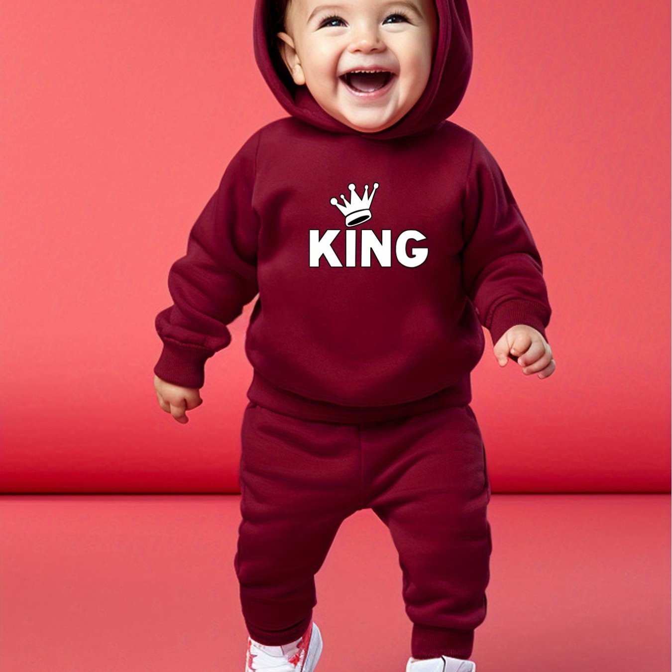 Image of Infant & Toddler Fashion Long-sleeve Hooded Sweatshirt Set With Cartoon Crown And Letter Print, Boys' Long Pants 2pcs Set, Perfect For Outdoor