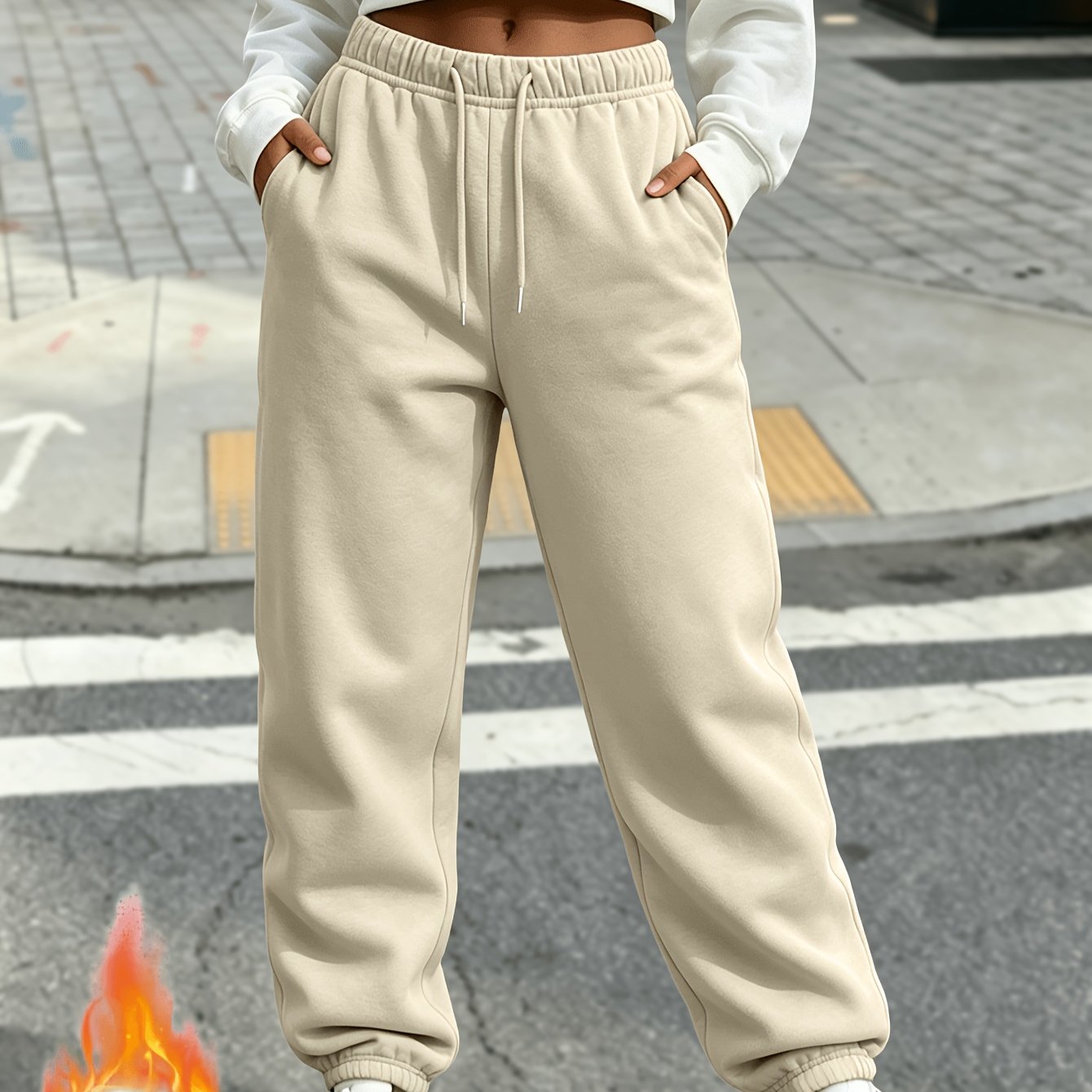 TEMU Autumn Winter Casual Solid Color Women's Long Pants, Available, With Drawstring And Pockets, Thickened And Fleece-lined, Warm And Cold-resistant