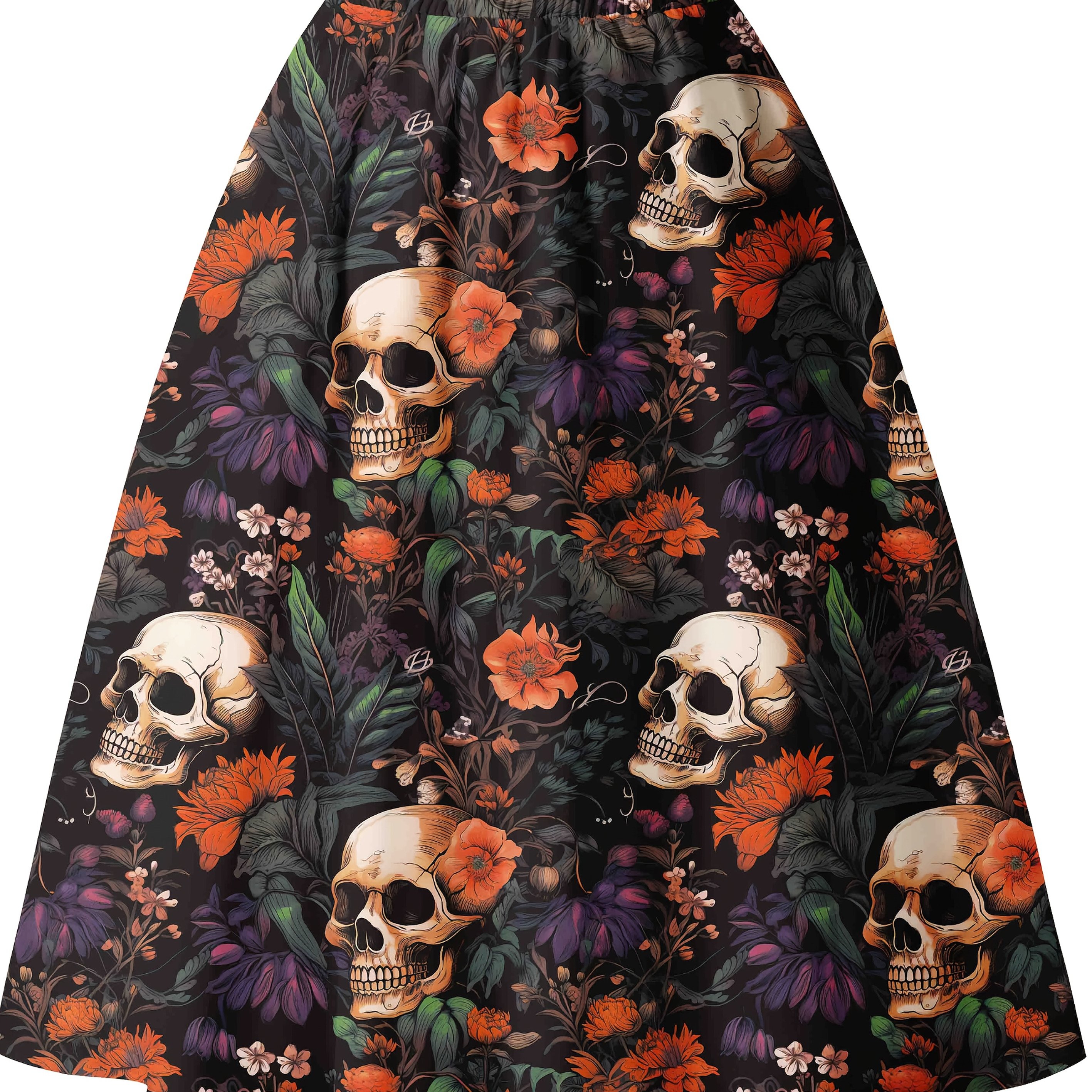 Image of Women's Vintage Floral Skeleton Print A-line Skirt With An Elegant Flared Design And Elastic Waist For Vacation