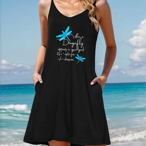 womens black dragonfly suspender dress v neck sleeveless with faith can quote lightweight machine washable for spring summer fall spiritual faith attire seasonal fashion nontransparent material