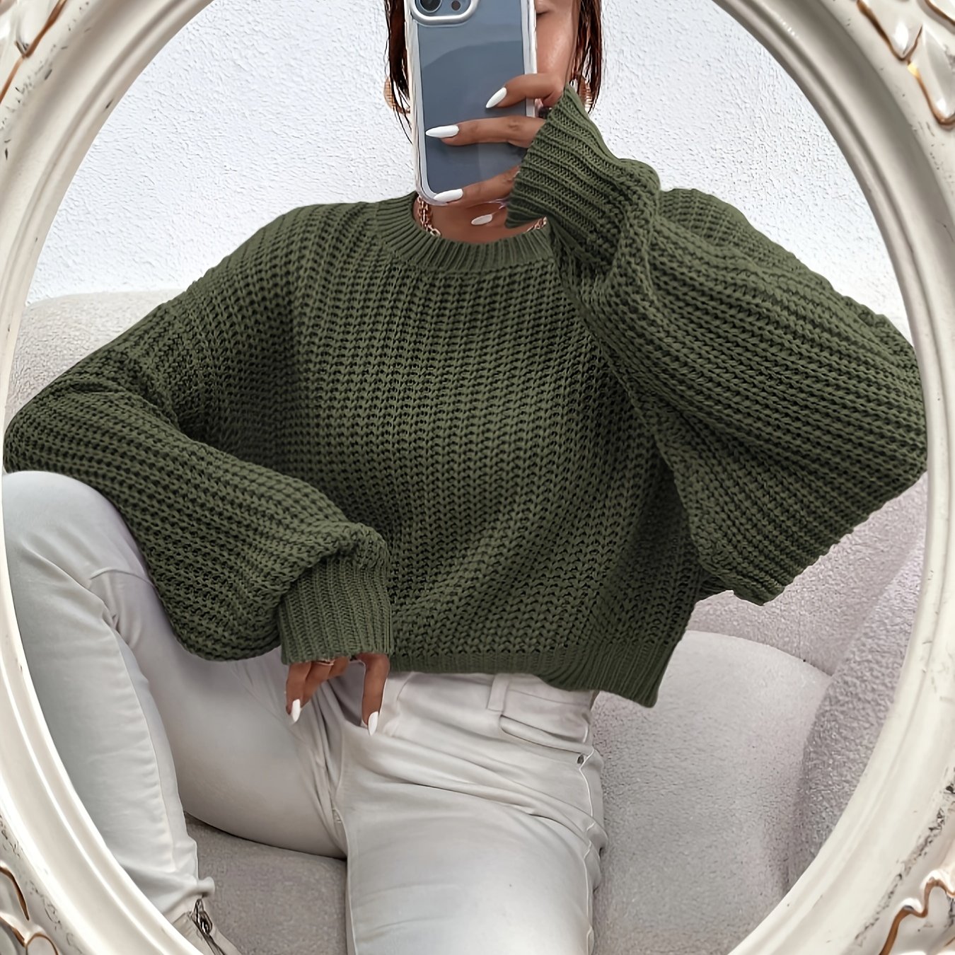 TEMU Pull élégant et pour femme automne/hiver, pull court épais uni à col rond décontracté et polyvalent, uni pour les quotidiens