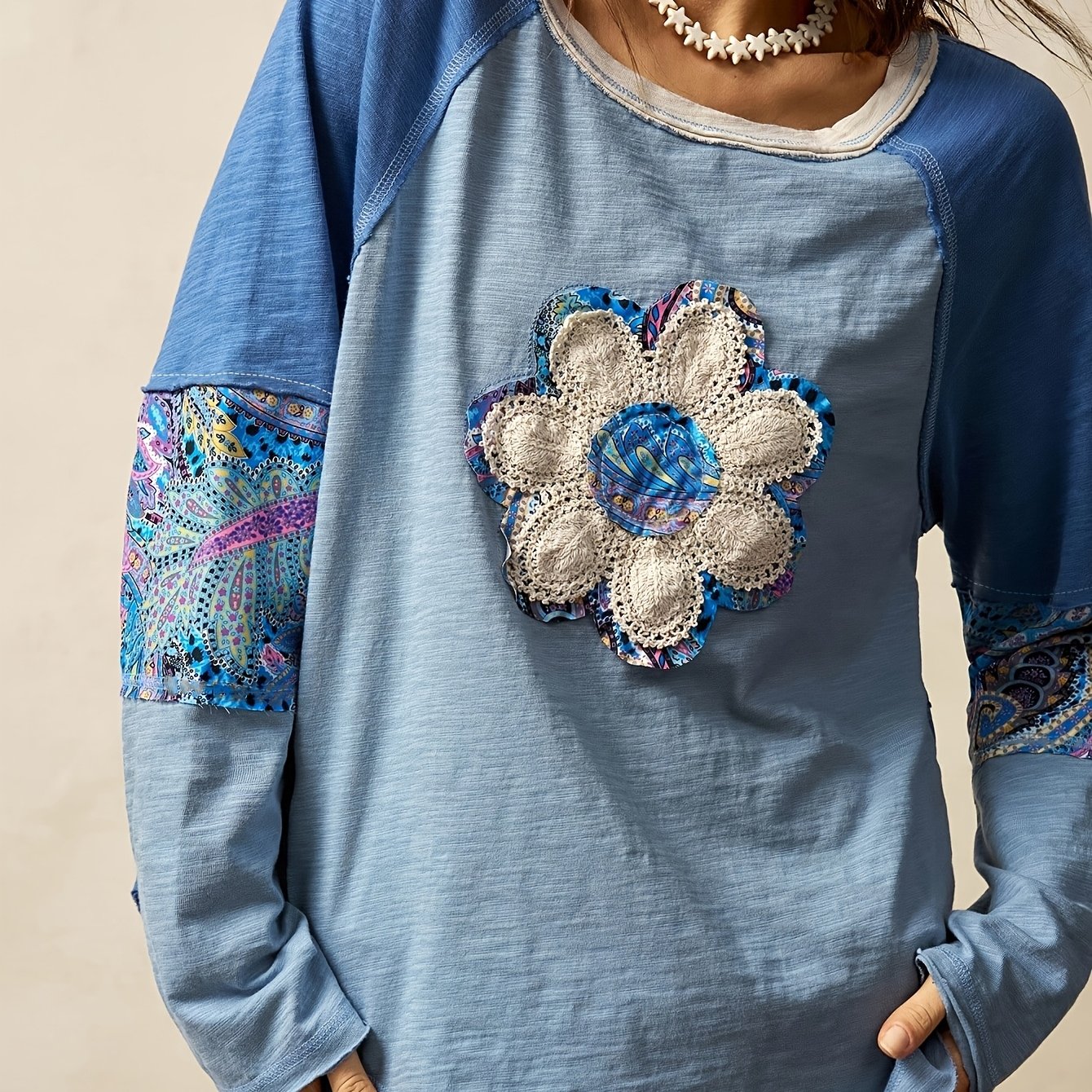 E-shop Damen Langarm-Top mit Muster, in Übergröße, im Bohemian-Stil für Herbst/Winter, für den Urlaub, lässig, Patchwork, locker, gewaschen