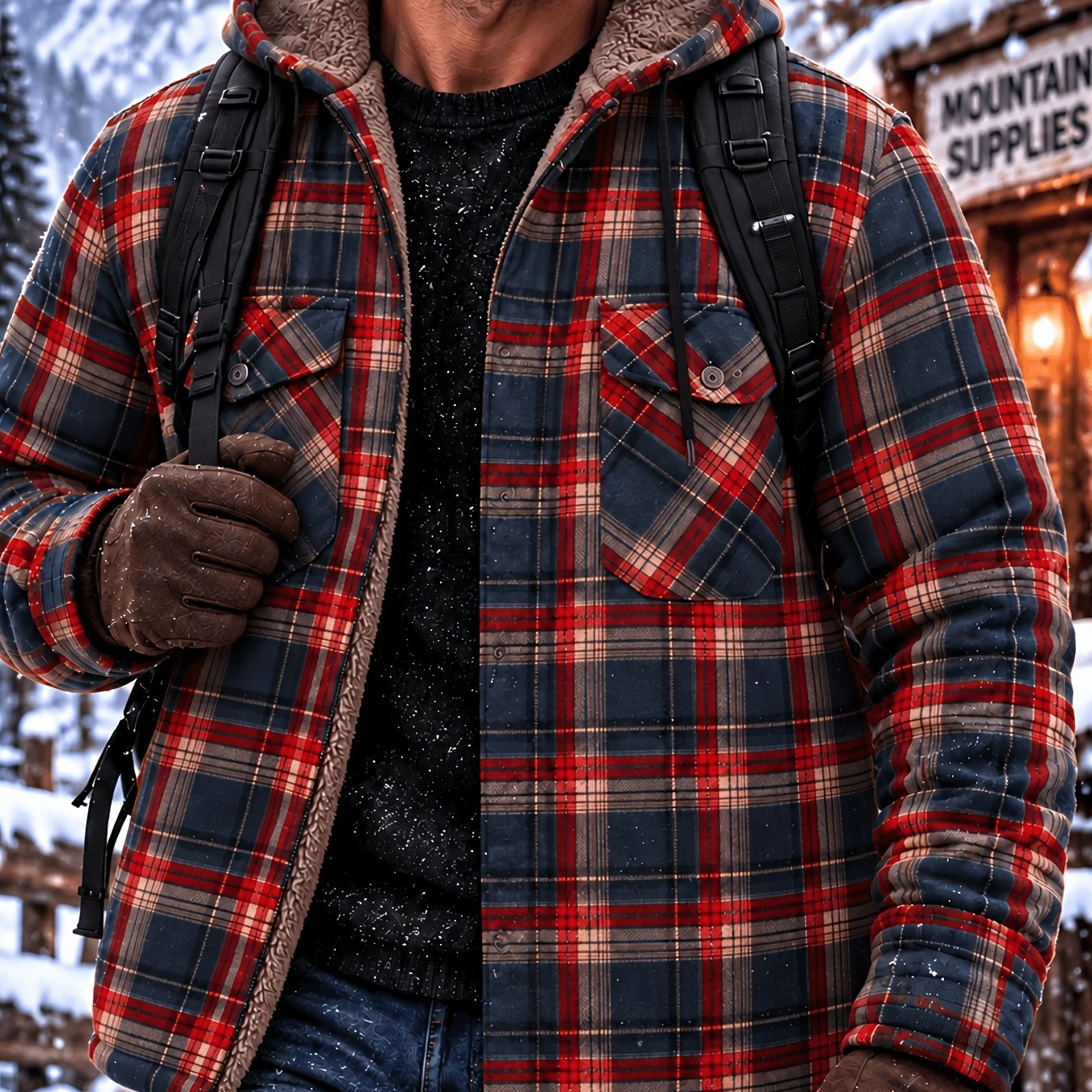 TEMU Veste Homme à Capuche en Fausse Fourrure à Carreaux, Doublure en Polaire, Manteau Décontracté Boutonné, Sweat-shirt, Poche Double au , Vêtement