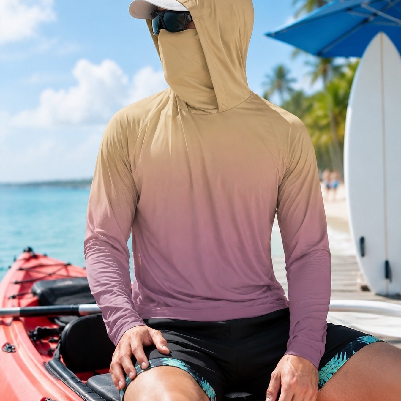 TEMU Men's Gradient Color Hooded Fishing Shirt Lightweight Breathable Outdoor Long Sleeve Tee Digital Printing For Hiking Fishing