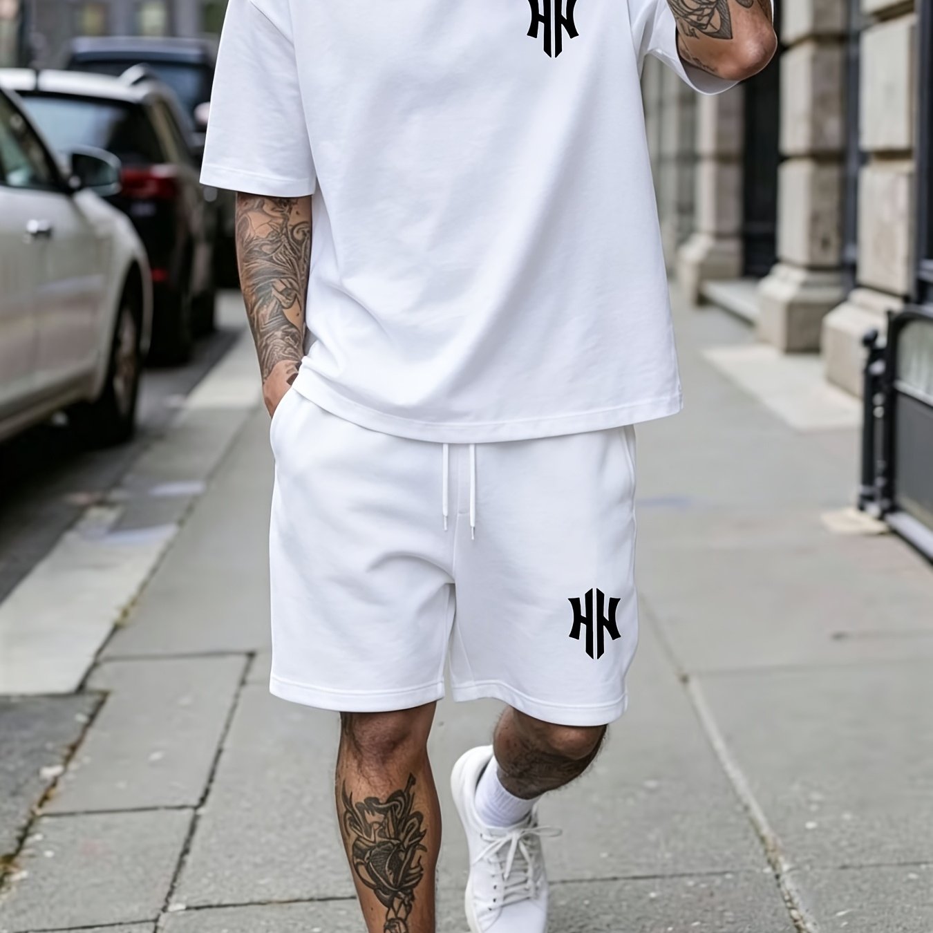 TEMU Men's Spring/summer Casual Short-sleeve Set, Geometric Print Short-sleeve Set, Trendy Short-sleeve And Shorts Set, Vacation-style Fashion,