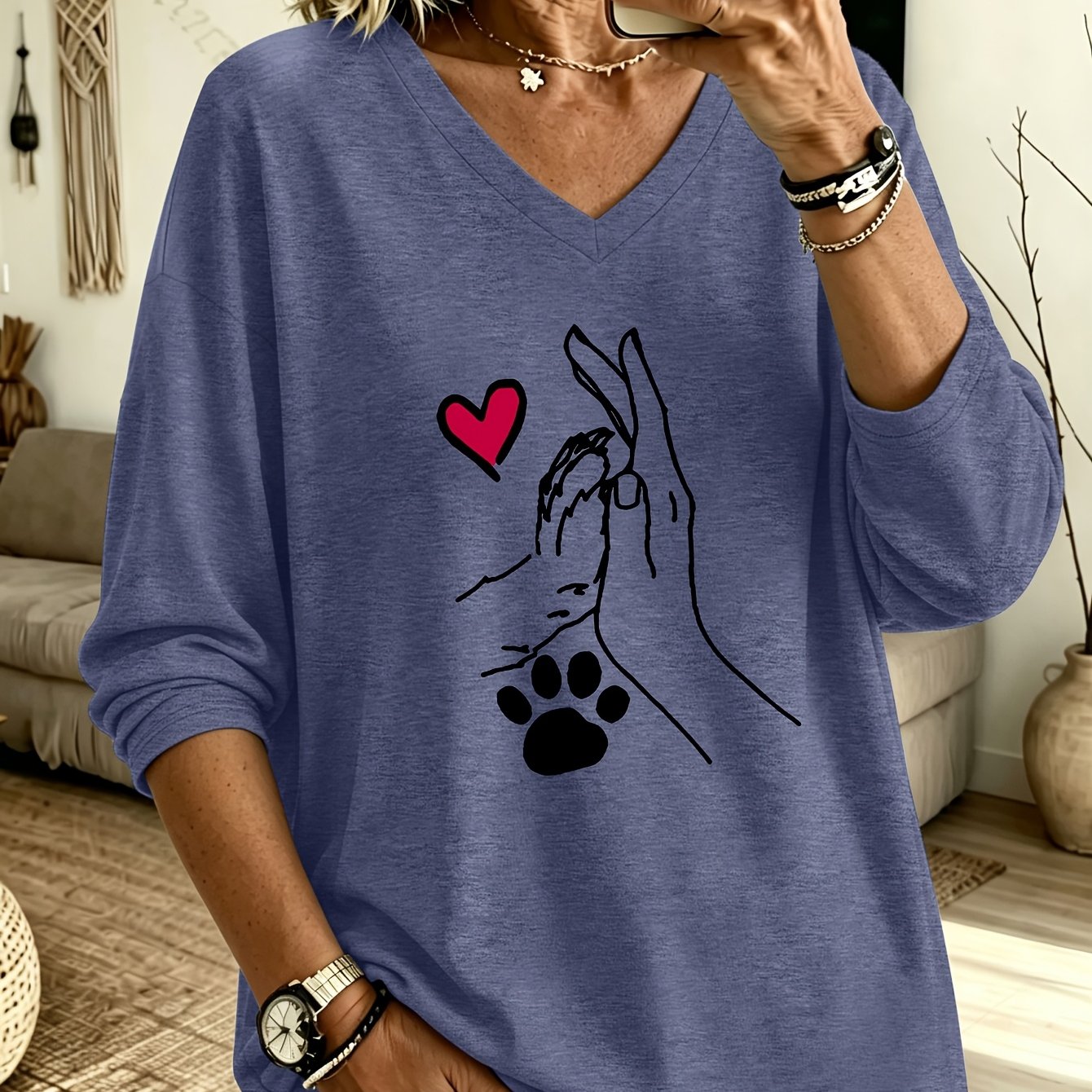 TEMU Plus Size, /summer -size Women's Casual V-neck Long Sleeve T-shirt With " With Dog" Print, Rayon/polyester Blend - Soft, , Machine Washable,