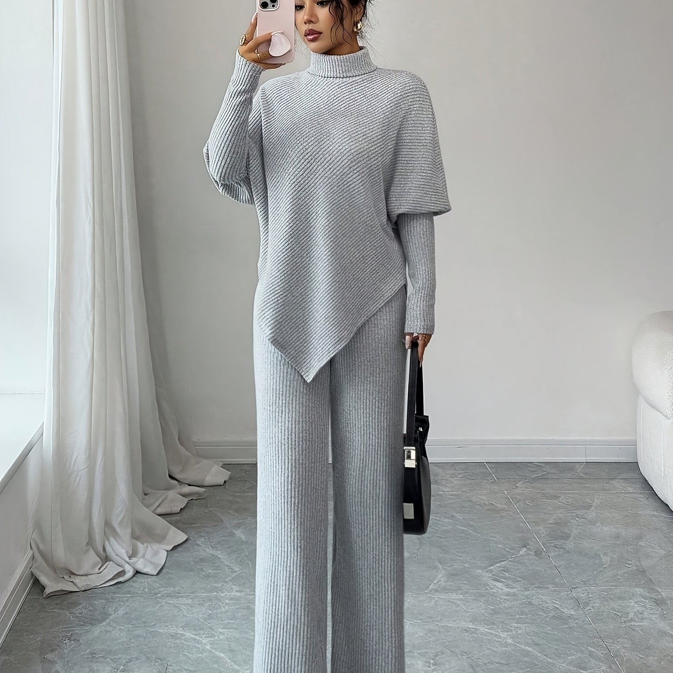 TEMU Women's New Elegant Solid Color High Neck Long Sleeve Asymmetrical Hem Casual Top And Wide Leg Pants Two-piece Set