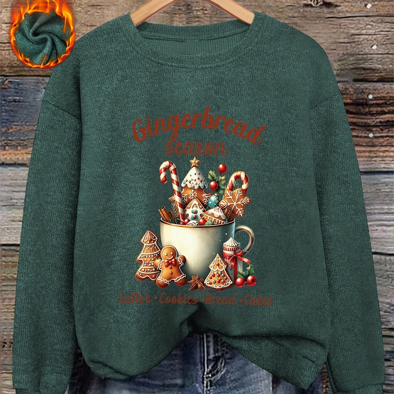TEMU Women's Gingerbread & Gingerbread House Print Sweater - Cozy Round Neck Long Sleeve , Soft Brown Pullover With Gingerbread Men & Gingerbread