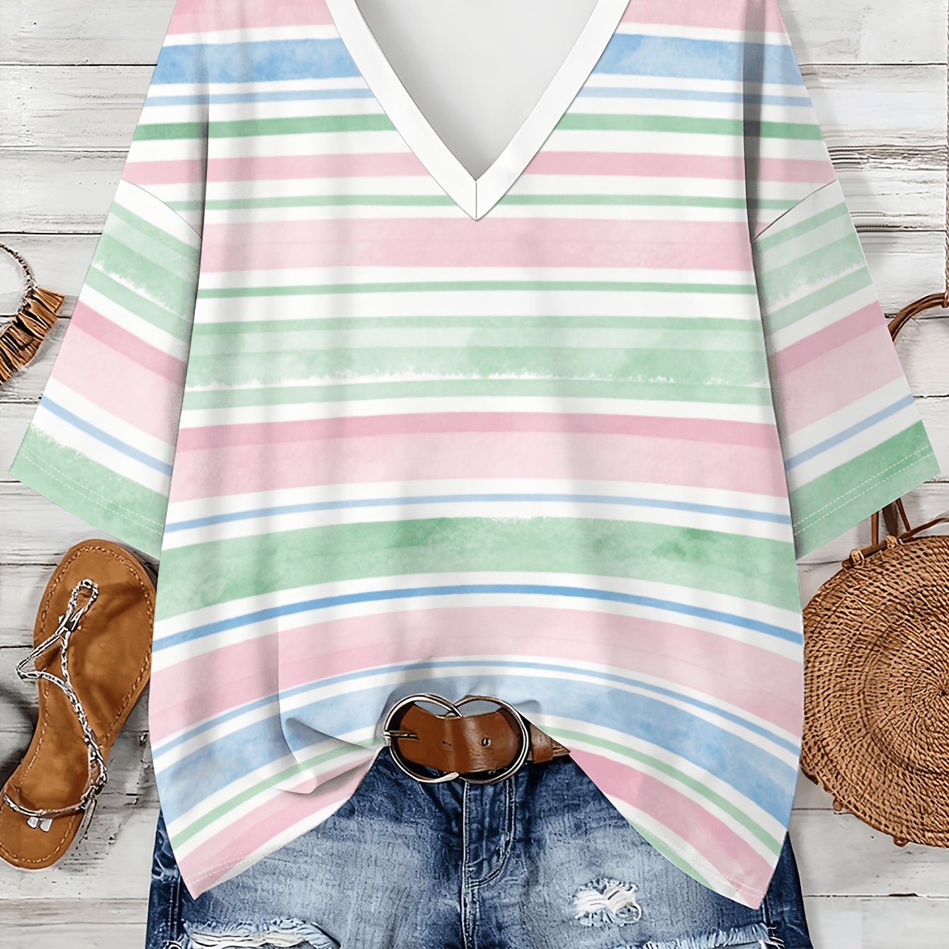 TEMU Fresh Watercolor Print, New Summer Plus-size Women's Loose-fit Drop-shoulder All Body Types! Fashionable Sporty V-neck Short-sleeve T-shirt,