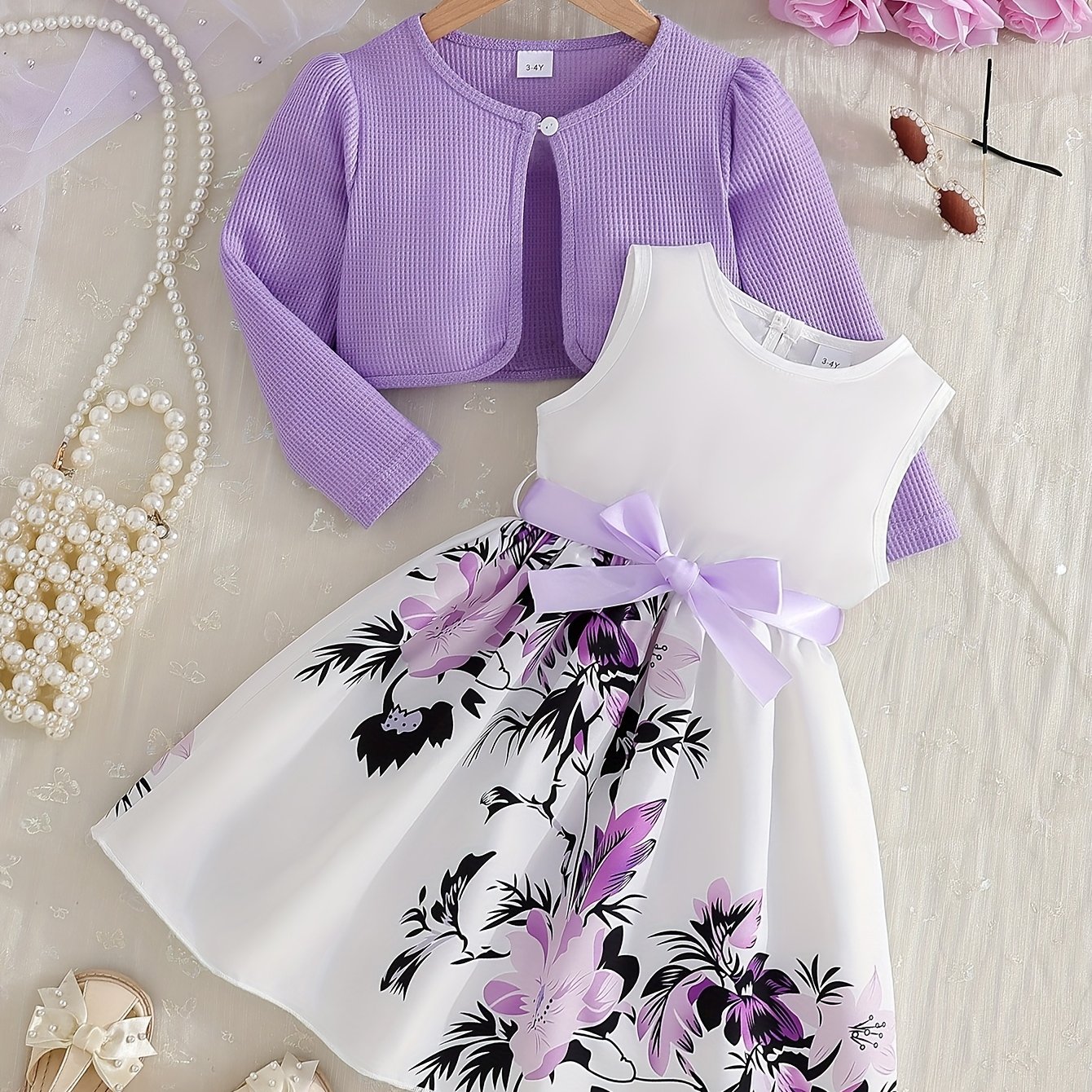 Image of 2pcs Set Girls' Fashion Dress Set, Long Sleeve Solid Color Cardigan Shawl With Floral Print Vest And Knee-length Bow Belt Dress, For Outdoor, Christmas, Halloween