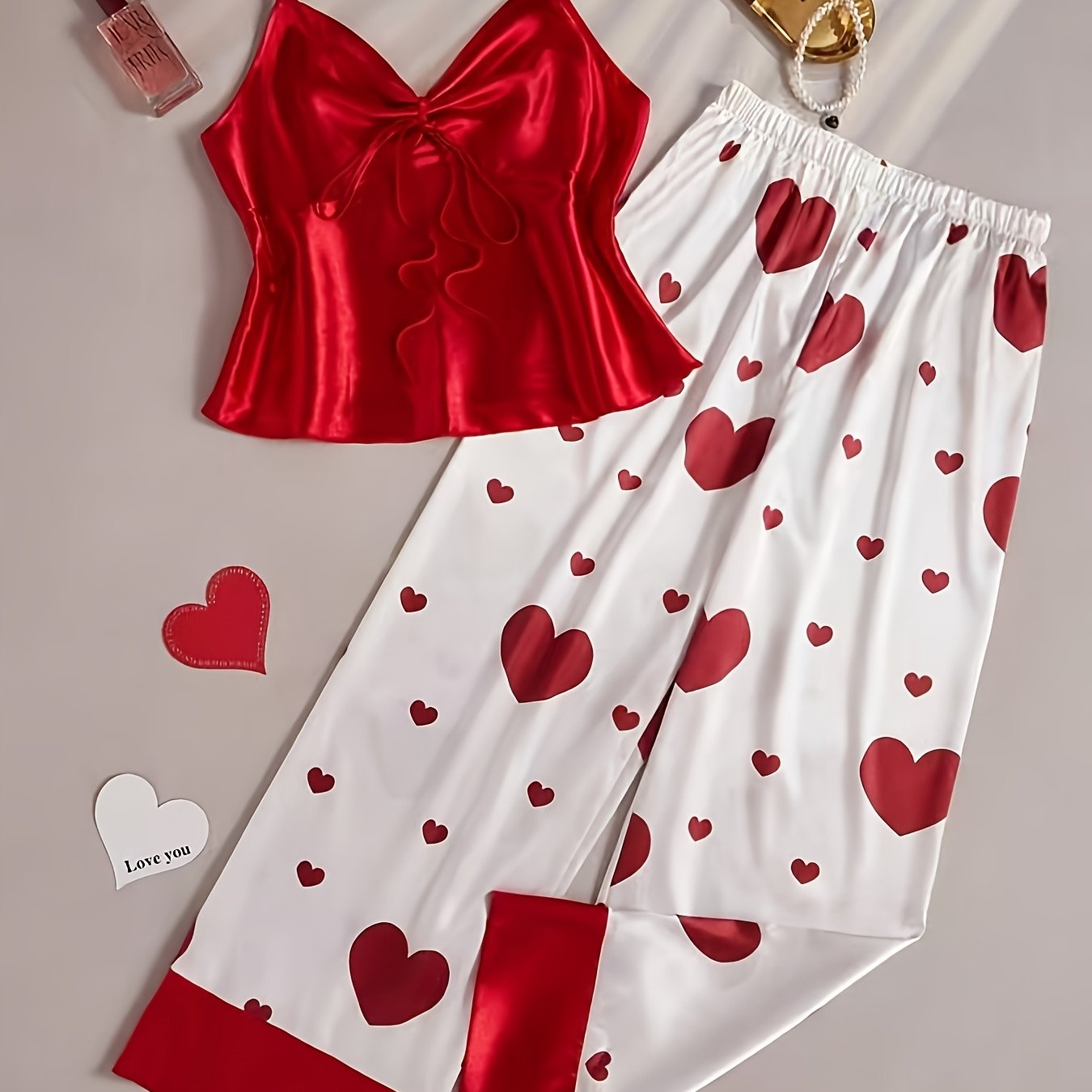 TEMU Women's Bow Halter Neck Top And Heart Pattern Wide Leg Pants Pajama Set