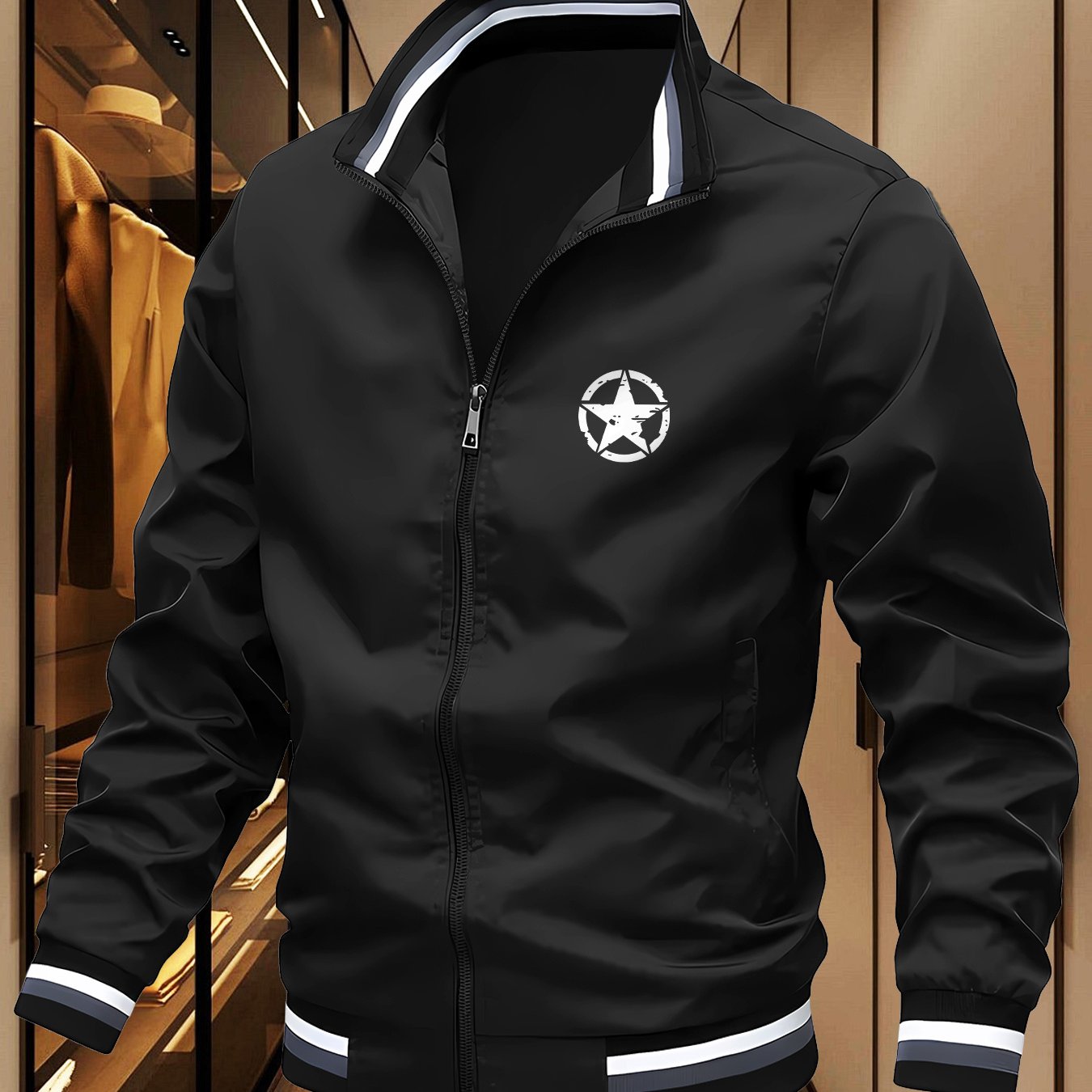 TEMU American Men's Baseball Jacket, Popular Fashion, Rust Print, Autumn And Winter Casual Outdoor Jacket, Striped Rib Details