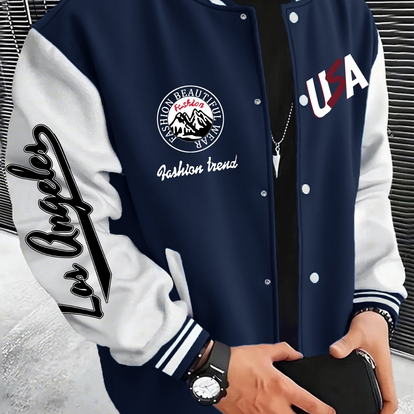 TEMU Usa- Print Design Men's Casual Sport Jacket For Spring/autumn, Men's Color-block Stitching Slightly Stretch Single-breasted Stand Collar Snap