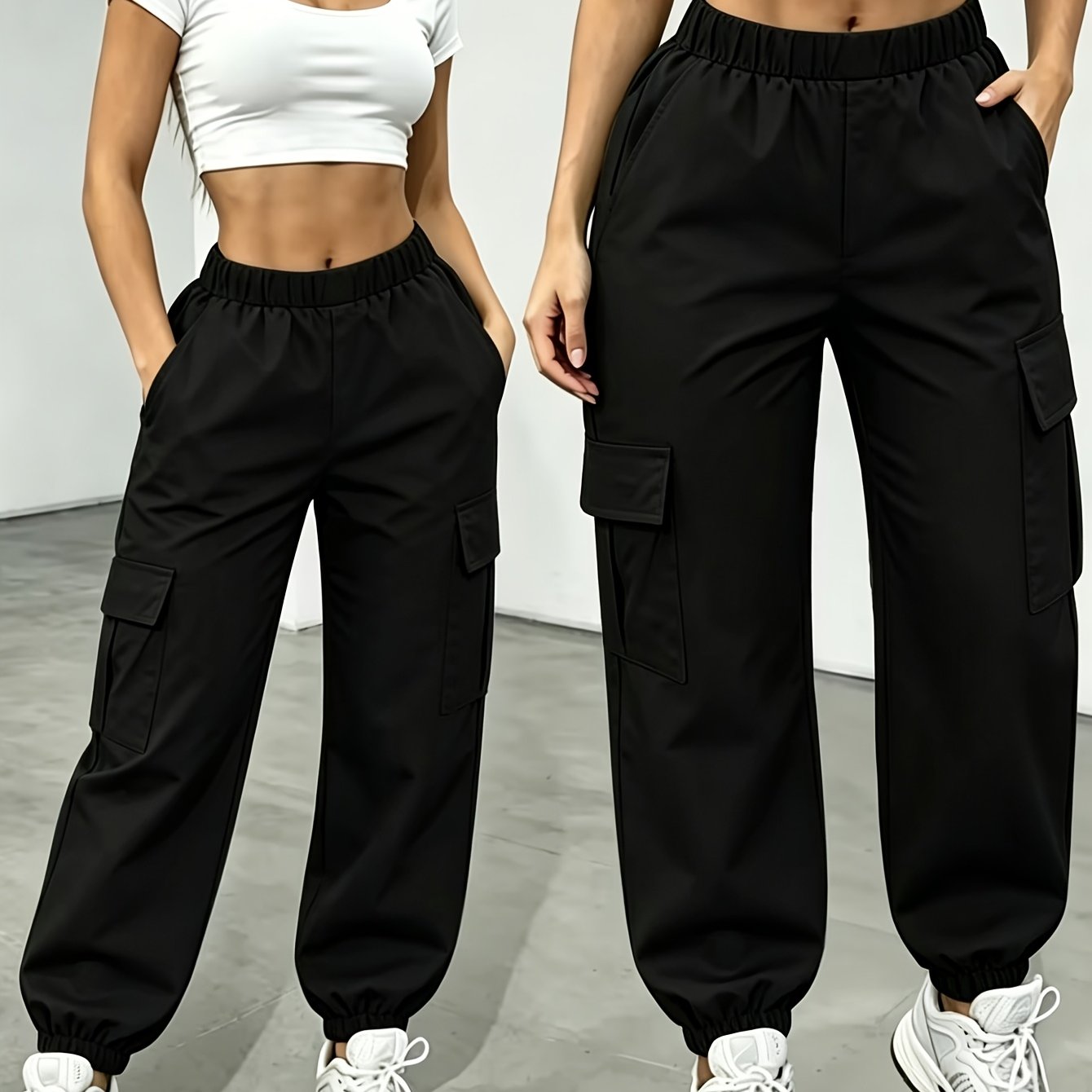 TEMU Plus-size Women's Trousers, Solid-color Multi-pocket Cargo Pants, Fashionable Sporty Casual Trousers, Machine Washable, Durable Fabric, Suitable