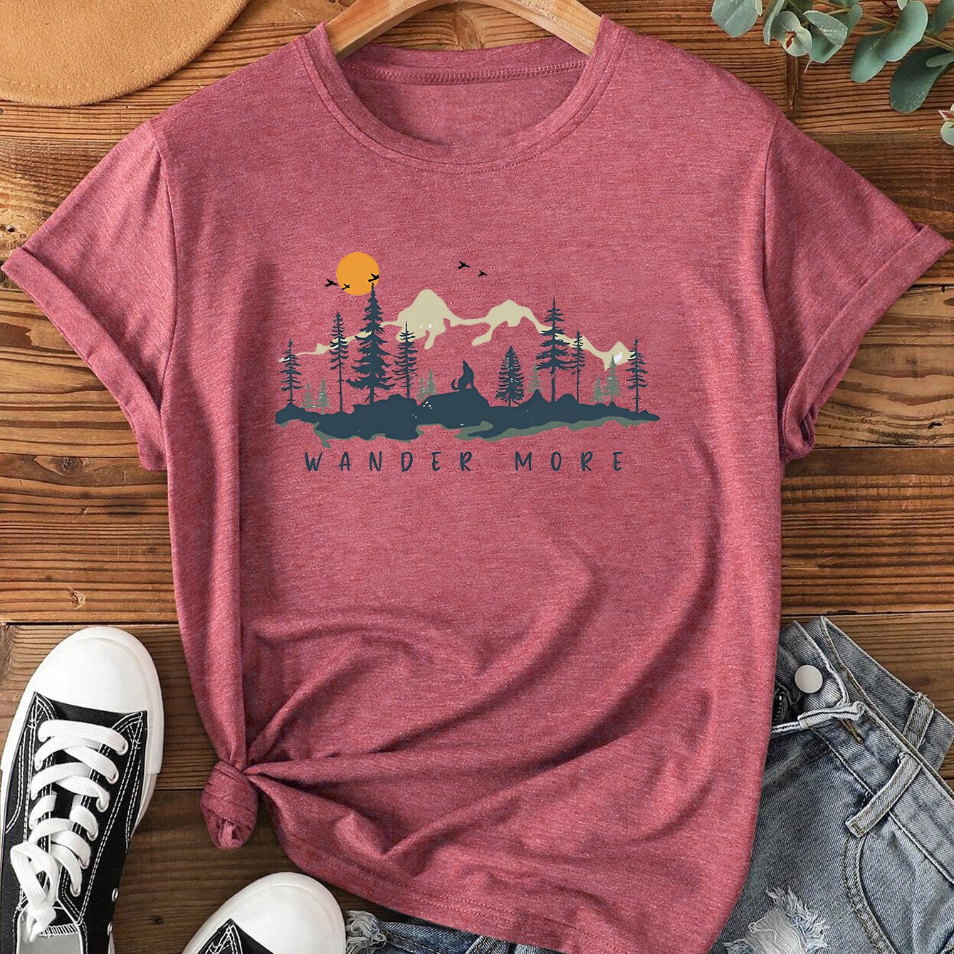 TEMU Wander More Print T-shirt - Soft Round Neck Short Sleeve Blouse-compatible Top | Sunrise & Suitable For, Casual Vacation Wear, Spring/summer