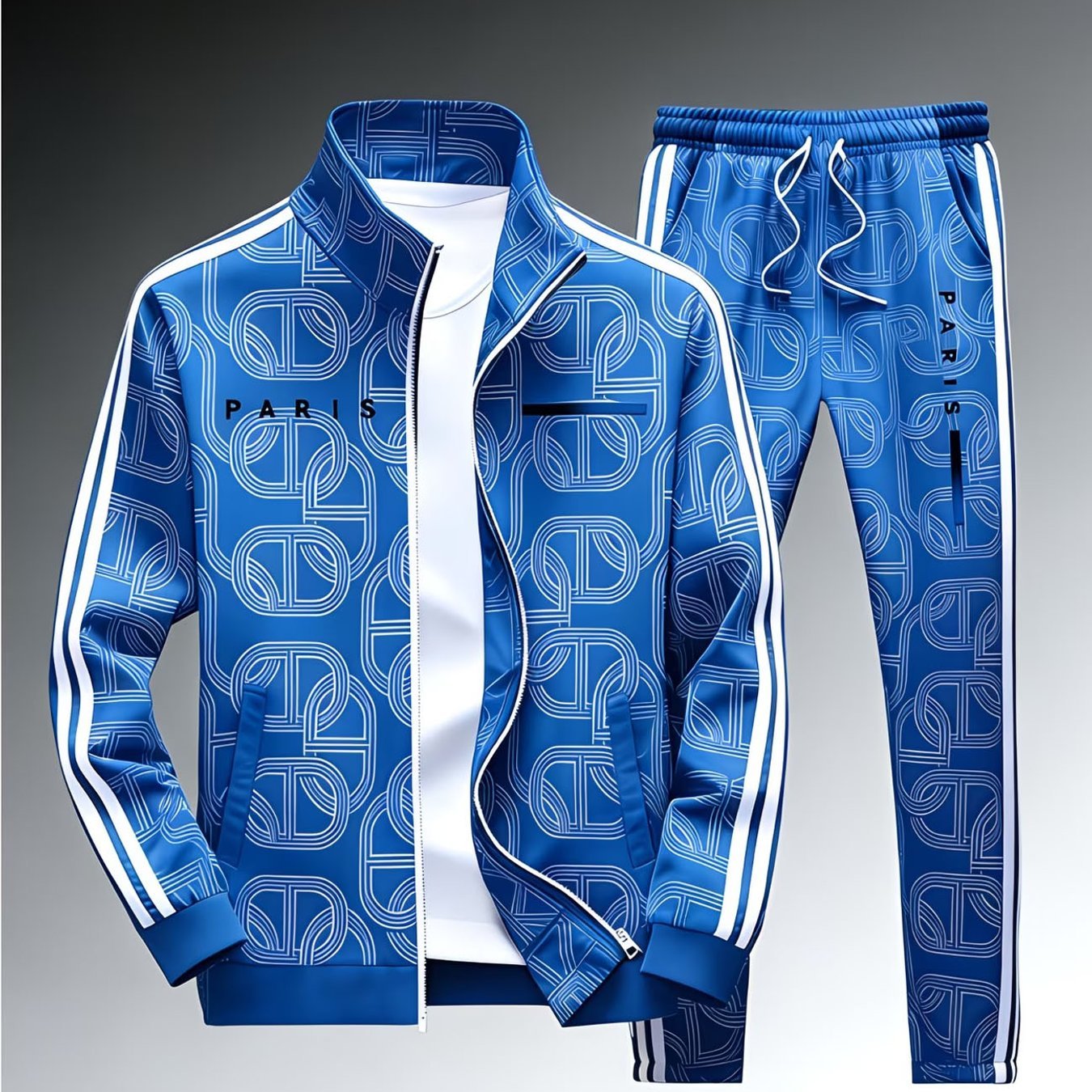 Men's Track Suit Blue Geometric Pattern Stand Collar Zip Jacket Drawstring Pants Casual Sportswear For Adults Men Street Style Fall Winter Outfit